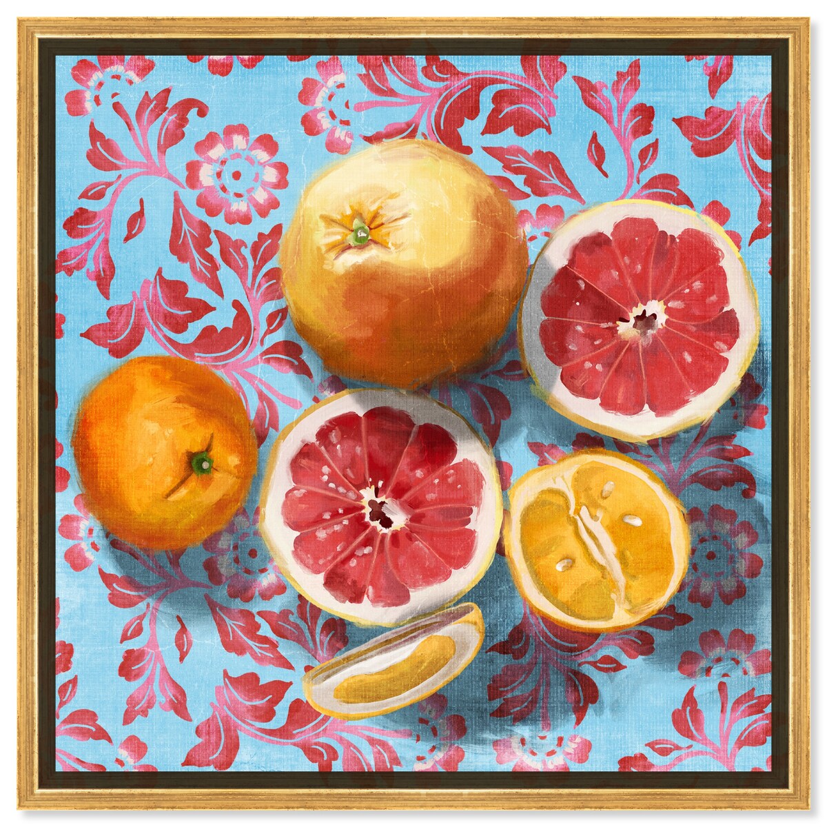 Tropical Citrus Still Life Blue Framed Canvas Wall Art Print - Kitchen Decor, Cabin & Lodge Decor - Perfect for Home, Office & Dining Room