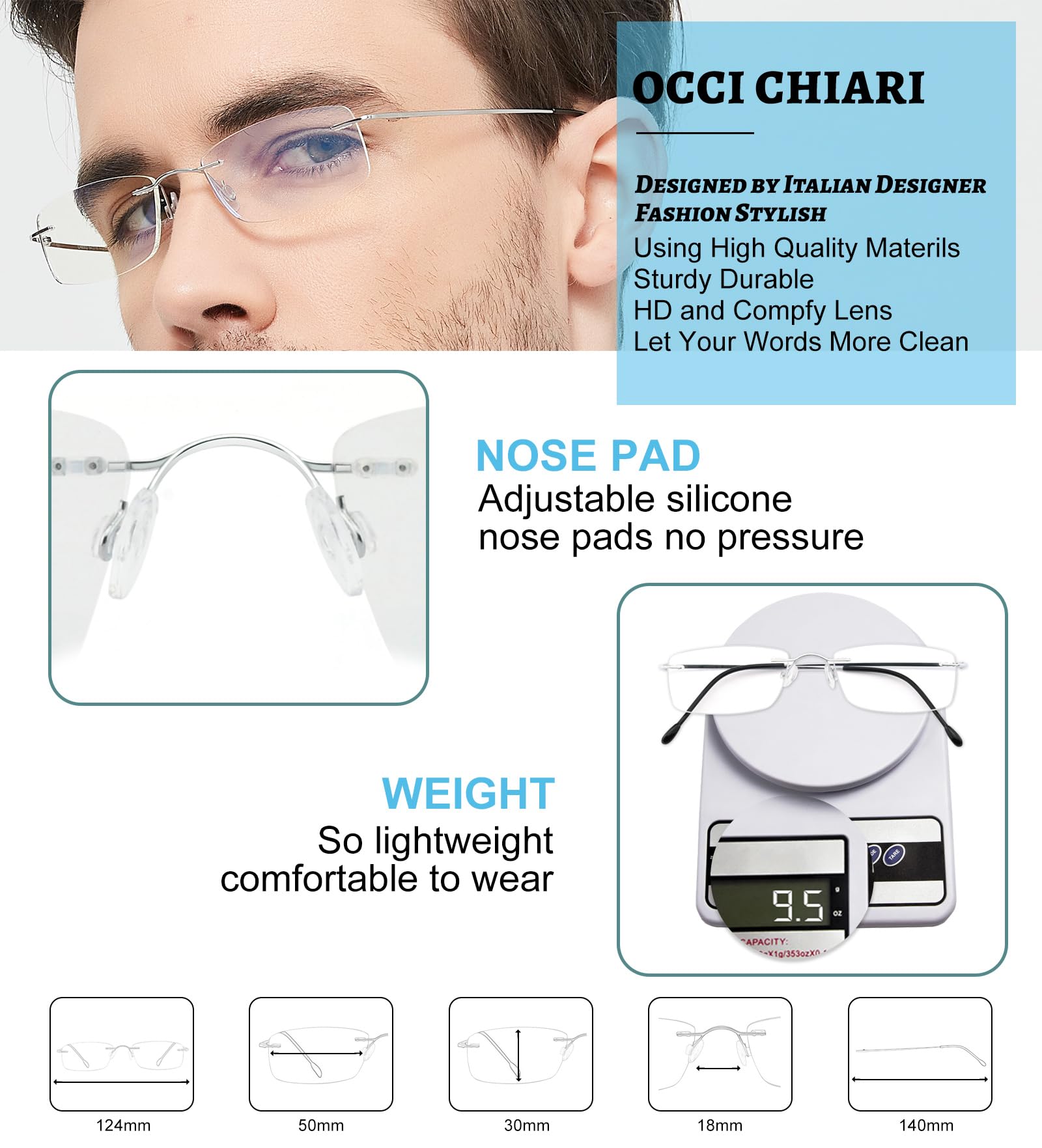 OCCI CHIARI Blue Light Blocking Reading Glasses for Men & Women - Titanium Frameless Computer Glasses with Anti-Reflective Coating (Lightweight +2.00 Strength) - Perfect for Office Work, Gaming & Digital Screen Use