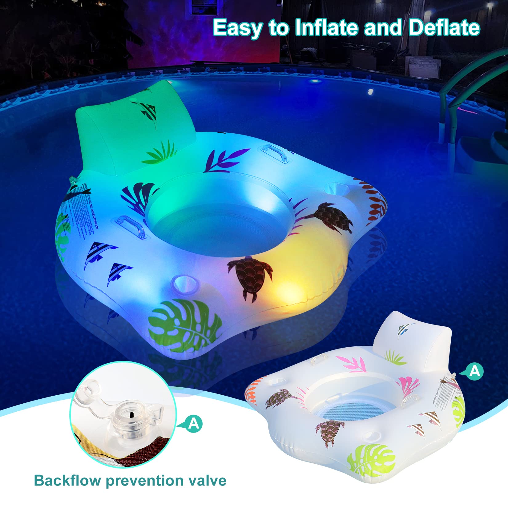 Solar Powered Inflatable Pool Floats Chair with Color Changing LED Lights - 2 Cup Holders & Armrests for Adults - Beach Float, Pool Sofa, Lounge Raft - Perfect for Summer Relaxation by Pool, Lake or Beach Parties