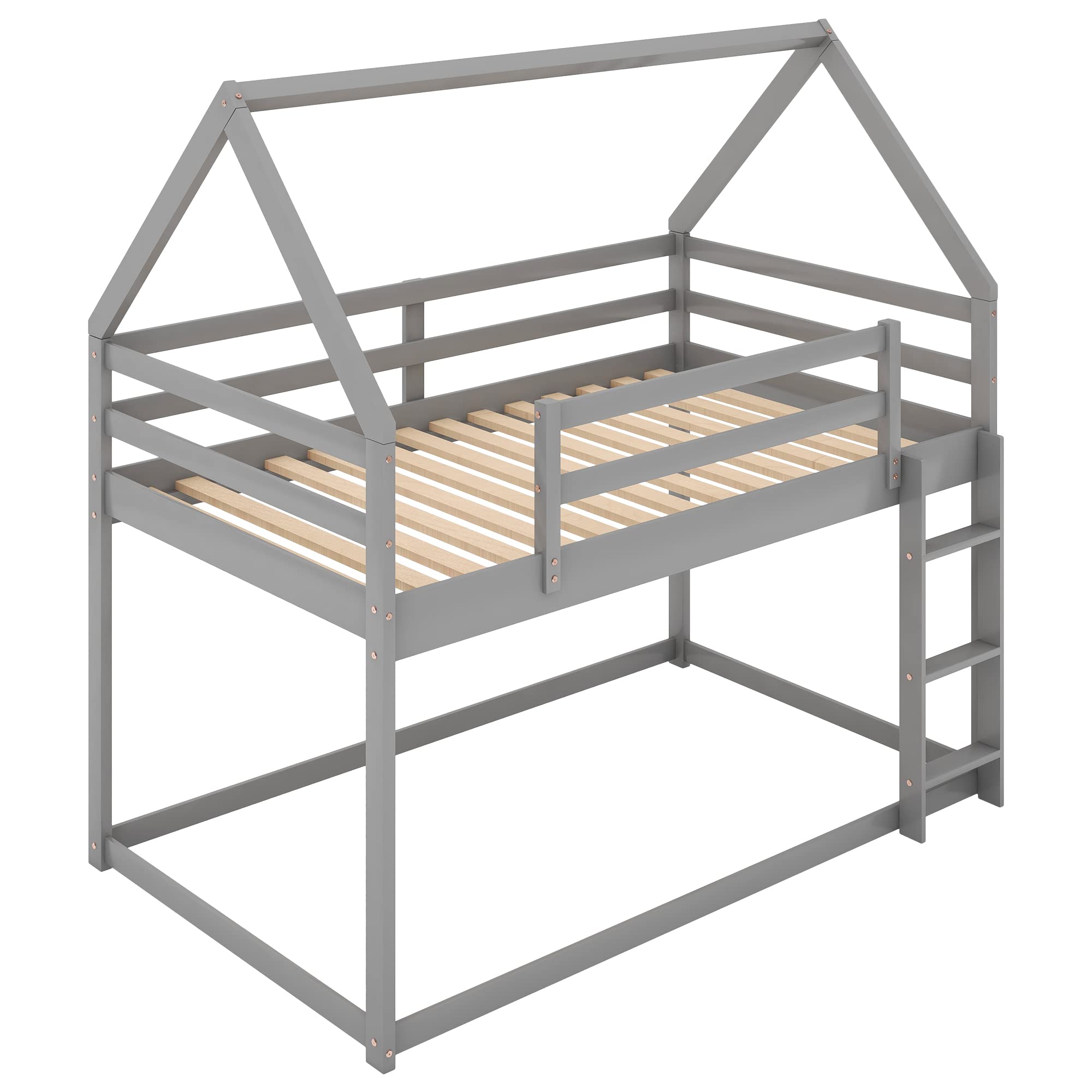 Low Bunk Bed Twin Over Twin - Sturdy Wooden House Bunk Bed Frame with Ladder for Kids & Teens - Space-Saving Gray Bedroom Furniture for Small Rooms, Dorms, or Shared Kids' Rooms