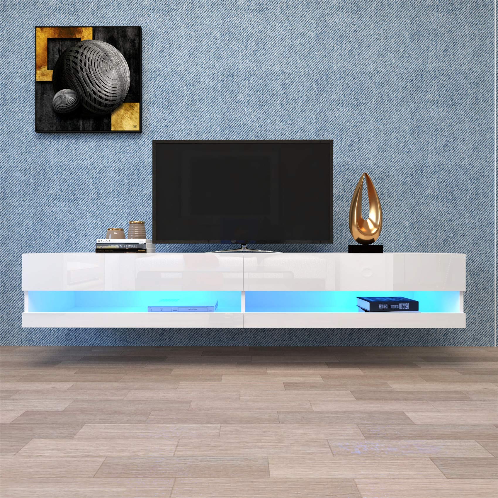 Modern LED TV Stand with 12-Color Lighting - 65 Inch Glossy Entertainment Center with Shelves & 2 Drawers - Media Storage Console Cabinet for Living Room, Bedroom - Perfect for Movie Nights & Gaming Setup