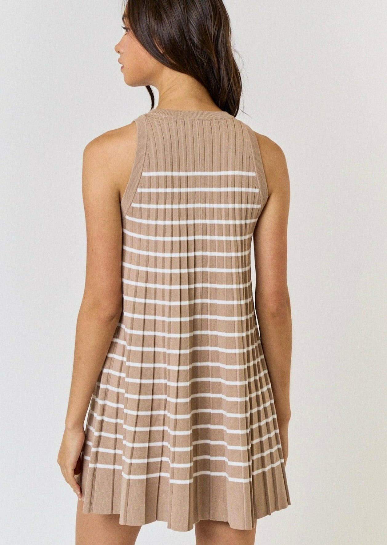Taupe Striped Pleated Sleeveless Sweater Mini Dress for Women | Casual Summer Outfit, Beach Cover Up, Party Wear
