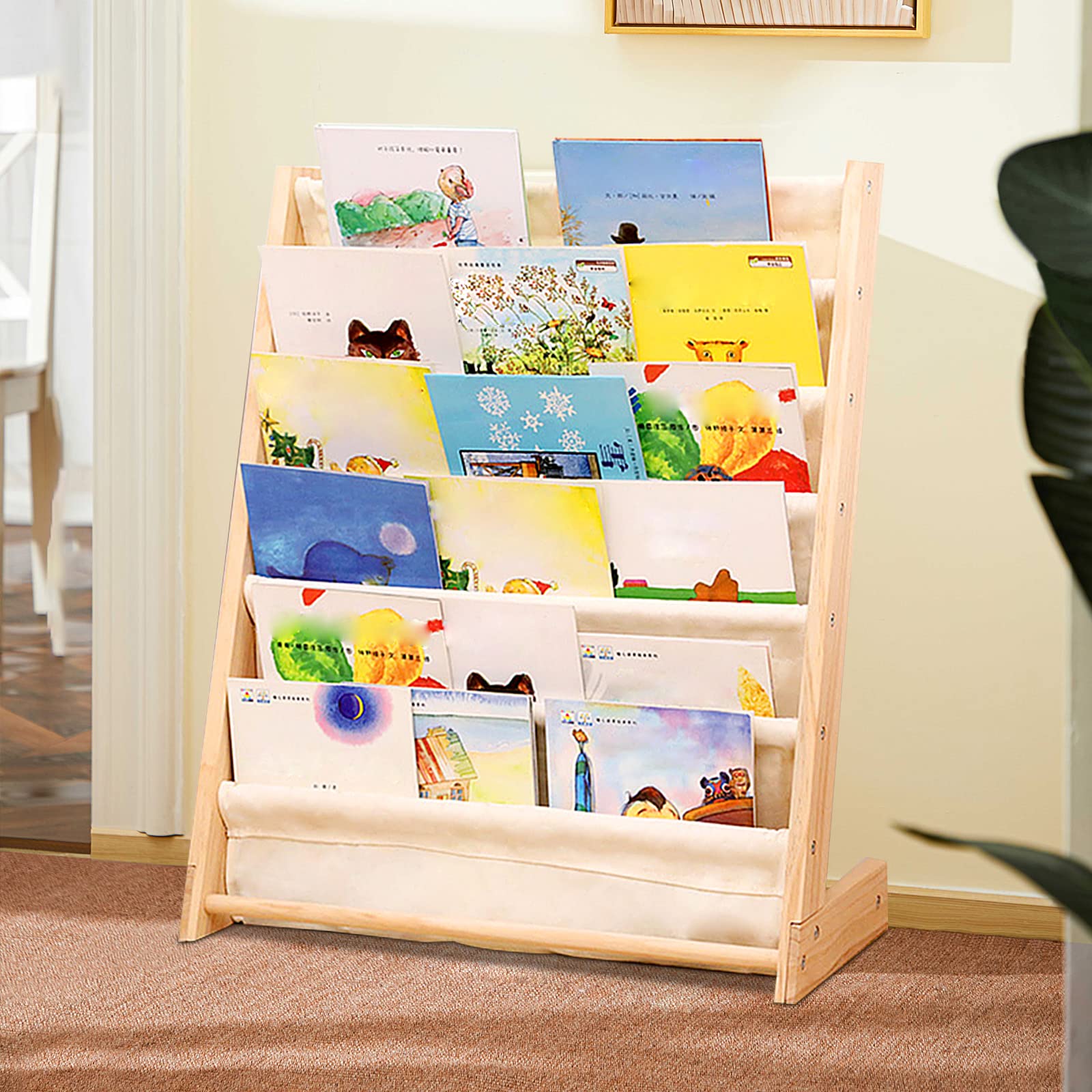 Kids Bookcase Organizer - Standing Book Storage Shelf with Canvas & Pine, Toy Display Rack for Bedroom & Playroom - Perfect for Kids' Book Storage, Toy Organization & Room Decor