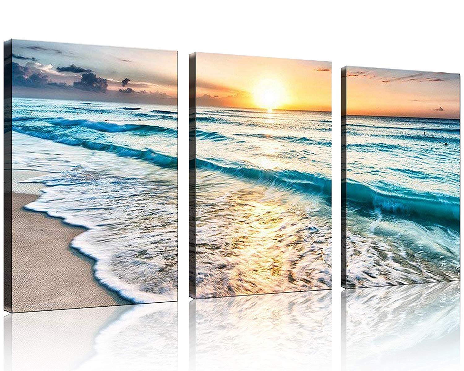 TutuBeer 3 Panel Canvas Wall Art - Blue Sea Sunset White Beach Painting, Seascape Print on Canvas for Living Room & Bedroom Decor - Ready to Hang - Perfect for Coastal, Beach House & Nautical Theme Home Decoration