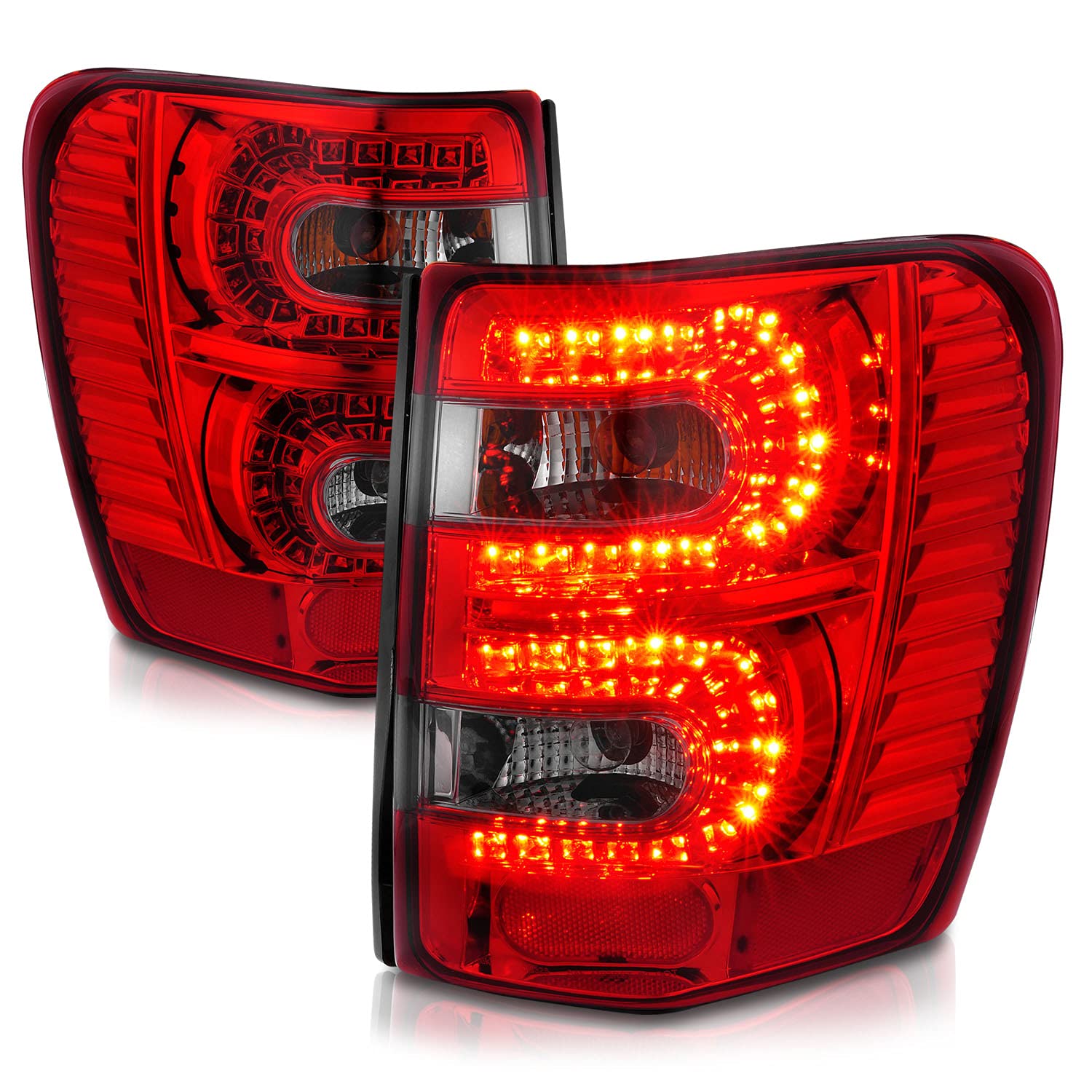 AmeriLite LED Tail Lights Assembly for 1999-2004 Jeep Grand Cherokee - Left & Right Side (Red/Smoke) - Durable & Bright Replacement Lights for Enhanced Night Driving Safety