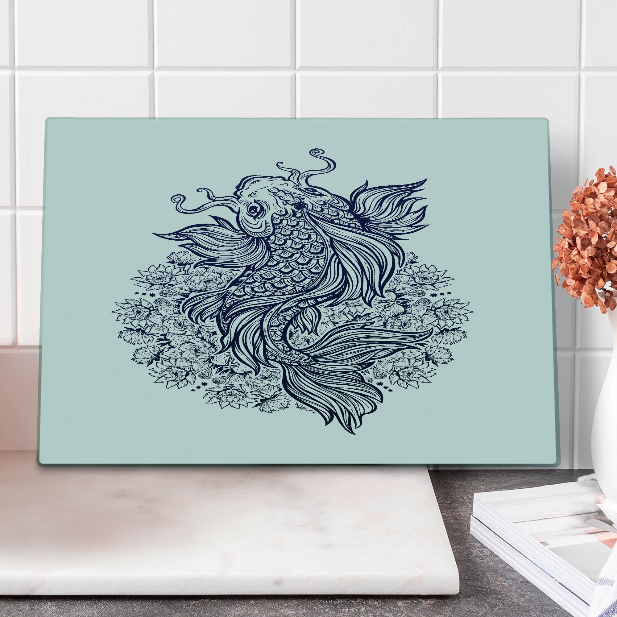 Ambesonne Koi Fish Tempered Glass Cutting Board - Hand-Painted Dark Blue Koi Carp & Lotus Mandala Design - Large Decorative Serving Board in Indigo & White - Perfect for Sushi Preparation, Charcuterie Display & Kitchen Decor