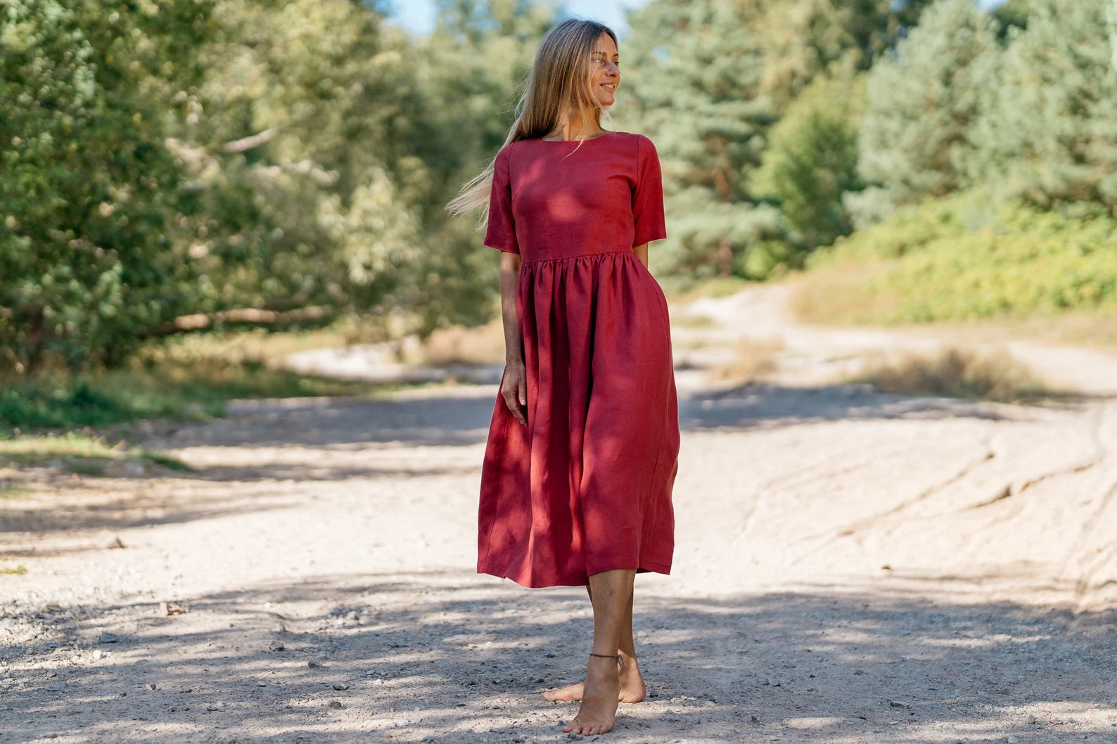 Blue Sky Linen Loose Dress in Raspberry - Comfortable Summer Maxi Dress for Beach, Vacation and Casual Wear