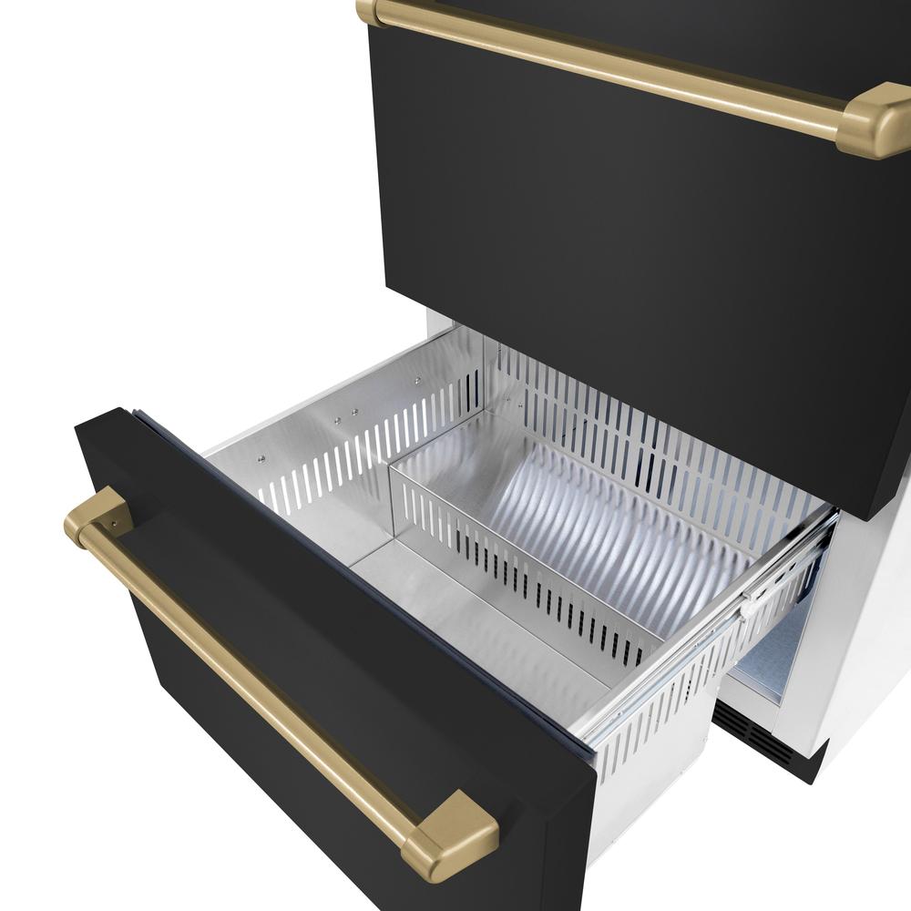 ZLINE Autograph Edition 24 Inch Touchstone 168 Can Outdoor Rated Dual Refrigerator Drawer - Black Stainless Steel Doors with Champagne Bronze Handles (RDSOZ BS 24 CB) | Perfect for Outdoor Kitchens, Patio Bars & Entertaining Areas
