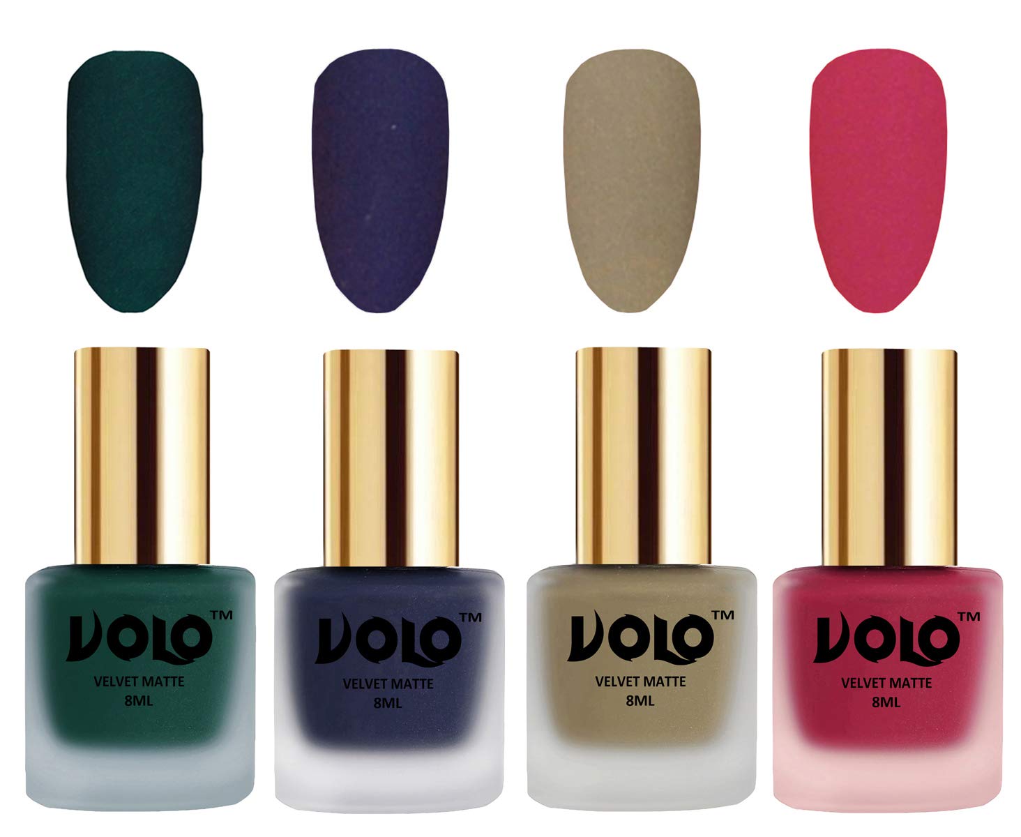Volo Velvet Matte Nail Polish Set - 4 Pack (Dark Green, Navy Blue, Sand Nude, Pink) | Long Lasting Vegan Nail Enamel for Parties, Weddings & Special Occasions