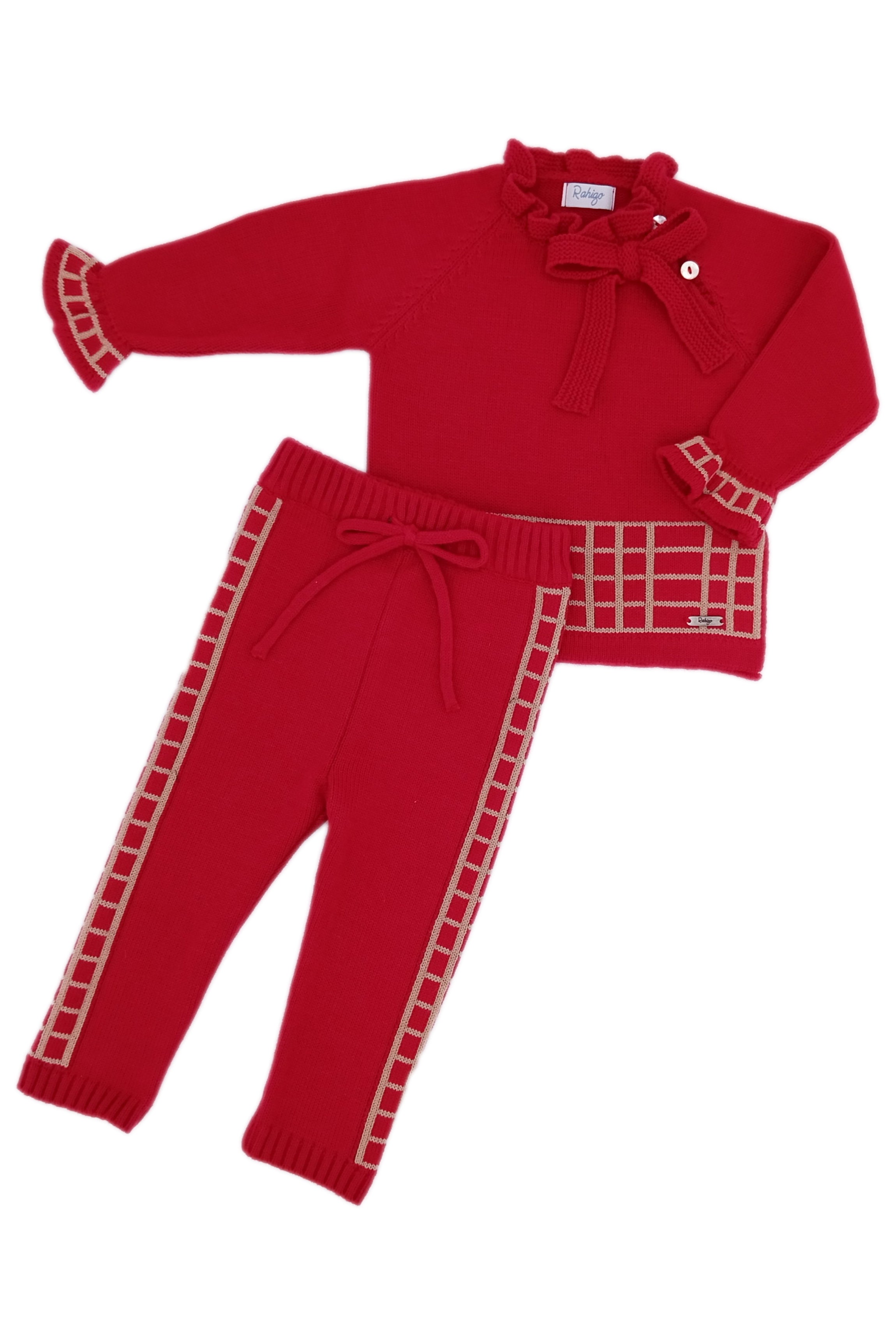 Sienna Red & Camel Check Knit Tracksuit Set - Women's Casual Loungewear Outfit for Home, Travel & Streetwear Fashion
