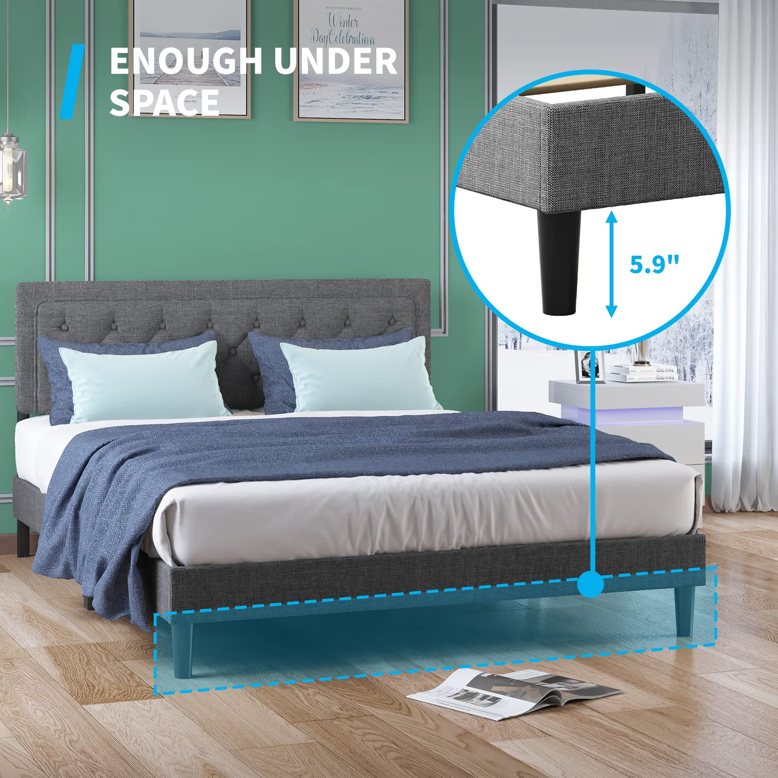 Mjkone Queen Size Bed Frame with Adjustable Headboard - Dark Grey Upholstered Platform Bed, No Box Spring Needed, Modern Tufted Design for Bedroom & Apartment | Perfect for Small Spaces, Guest Rooms & Master Bedrooms