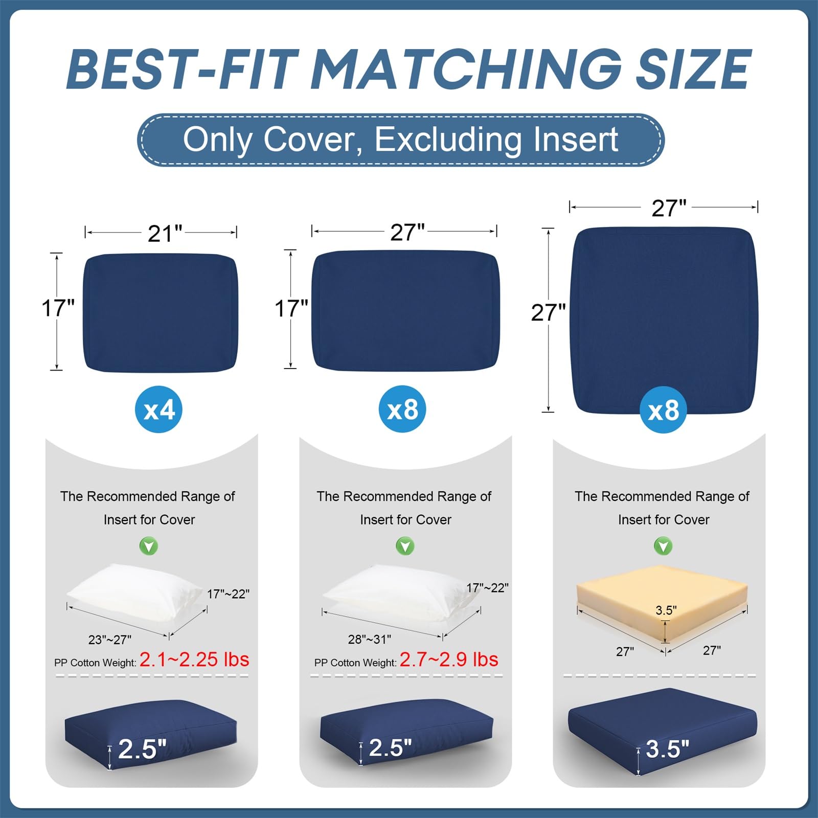 NICESOUL® 20-Piece Navy Blue Patio Cushion Covers Set - Olefin Waterproof Outdoor Sofa Seat Covers (27x27 Inches) - Durable Replacement Slipcovers for Patio Furniture - Perfect for Backyard, Deck, Poolside & Garden Decor