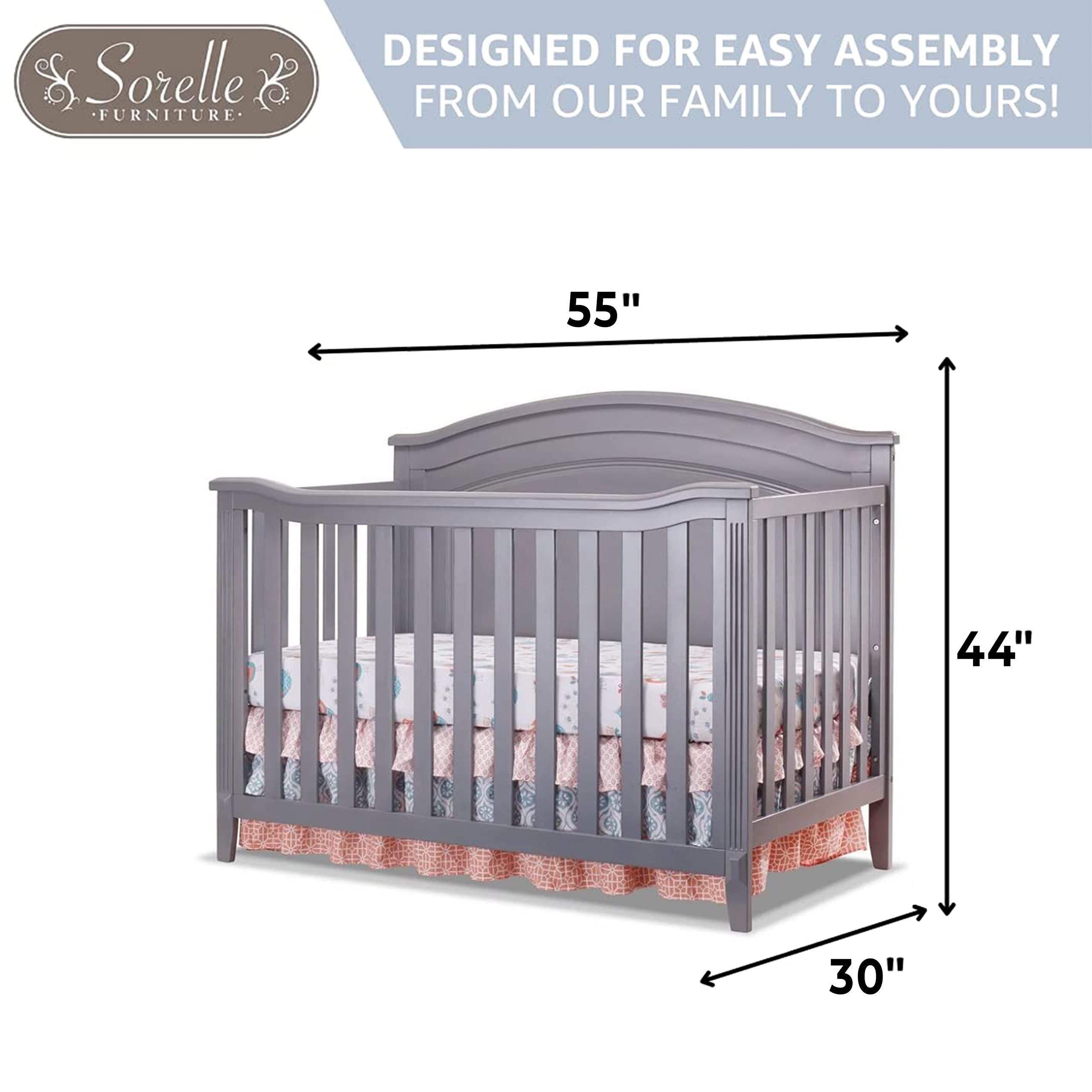 SORELLE FURNITURE Berkley 4-in-1 Convertible Round Top Crib - Classic Wooden Baby Crib to Toddler Bed & Full Size Bed | Non-Toxic Finish, Gray Nursery Furniture | Perfect for Newborns, Infants & Growing Kids Bedroom