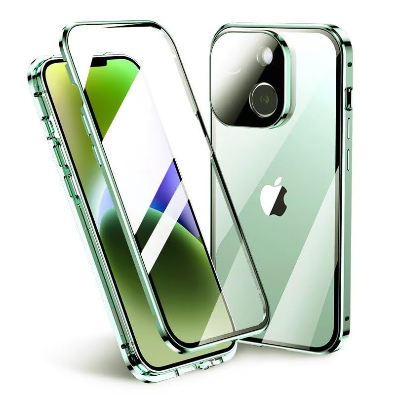 GOOVEN Lockable iPhone 15 Plus Case with Strong Magnetic Adsorption, 360° Full Body Protection, Aluminum Frame & Double-Sided Tempered Glass Cover - Green (Perfect for Travel, Outdoor Activities & Secure Daily Use)