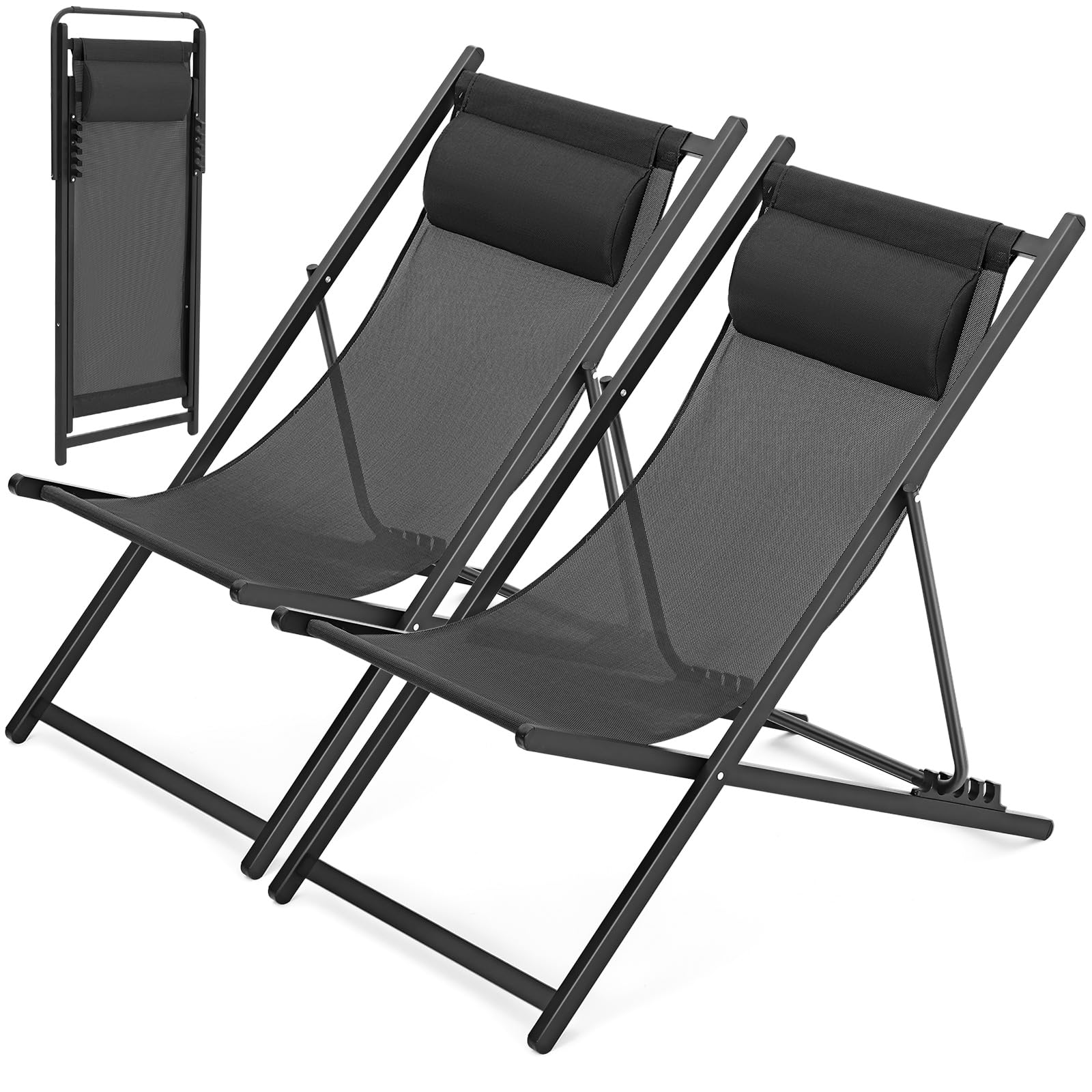 2 Pack Foldable Outdoor Lounge Chairs with Headrest - Adjustable 5-Level Height Aluminum Reclining Sling Chairs for Patio, Beach, Pool, Camping, Garden & Yard - Portable & Lightweight (Black) | Perfect for Relaxing, Sunbathing & Outdoor Lounging