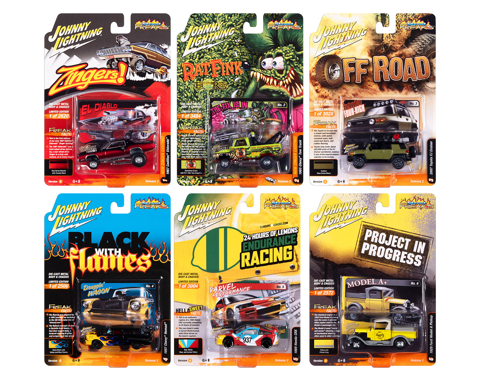 Johnny Lightning 1/64 Diecast Model Cars - Street Freaks 2023 Set A (6 Cars Collection) - Perfect for Collectors, Display & Racing Scenes