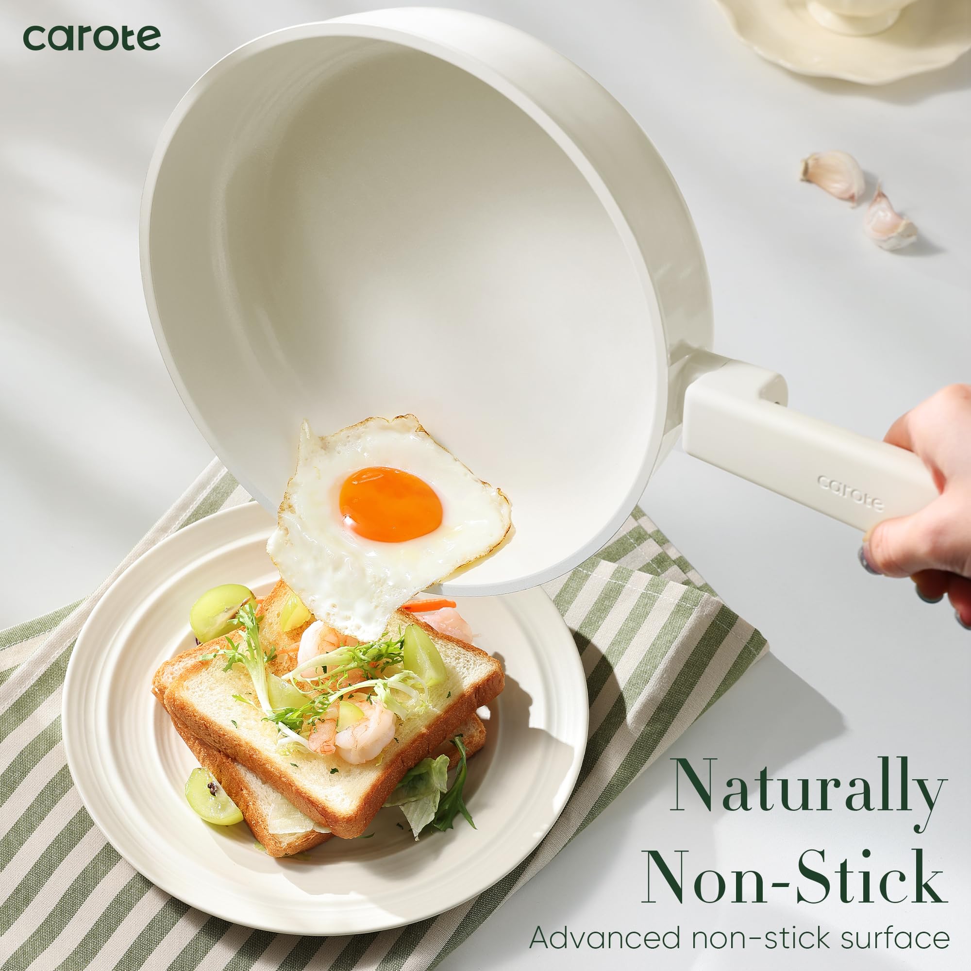 CAROTE 18-Piece Nonstick Ceramic Cookware Set - PFAS/PFOA Free, Non-Toxic Pots and Pans Set with Large Capacity - Perfect for Healthy Cooking, Baking & Family Meals | Cream White Kitchen Essentials