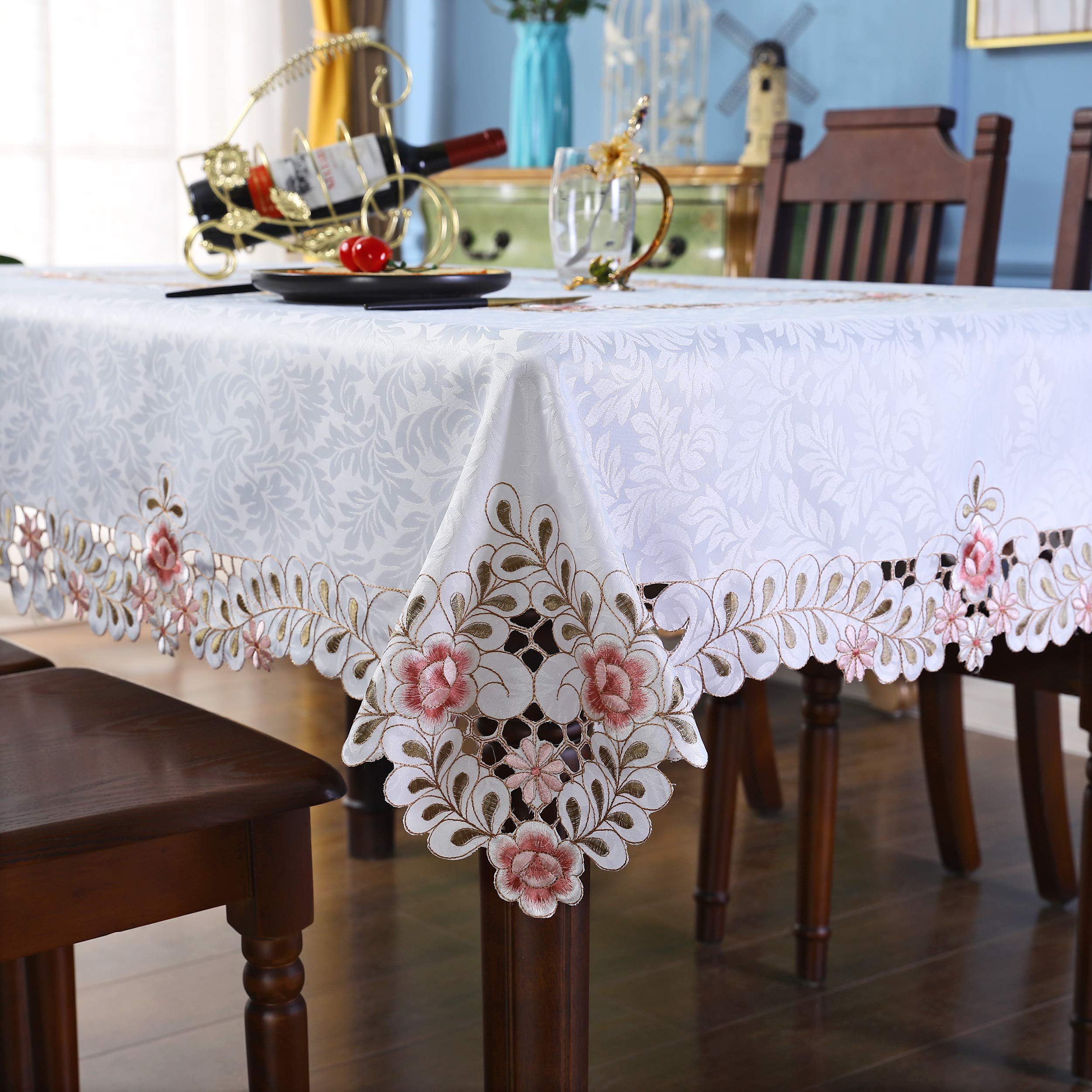 Premium Wolkemer Damask Embroidered Floral Tablecloth - 60x120 Inch Rectangle Table Cover for Fall Harvest, Easter & Thanksgiving - Elegant Dining Decor for Holiday Parties & Home Decoration
