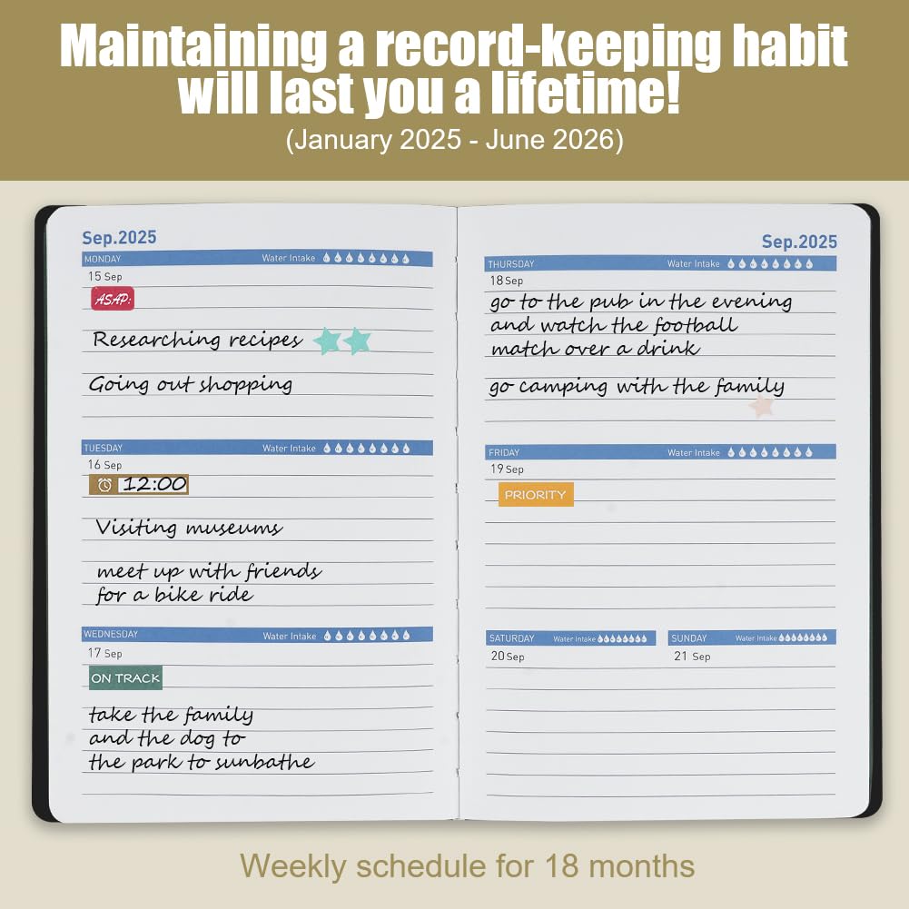 AUAUY 2025-2026 Planner - 18 Month A5 Leather Hardcover Weekly & Monthly Organizer with To-Do Lists | Jan 2025 to Jun 2026 Academic Planner | Perfect for Office, School, Business Planning & Personal Productivity | Black
