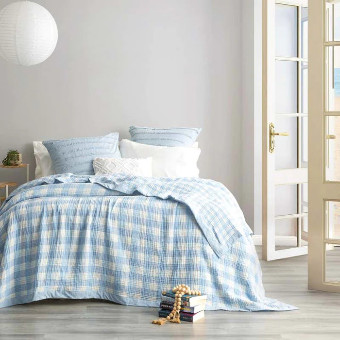 Renee Taylor French Blue Gingham Washed Cotton Textured Blanket - Soft & Cozy Throw for Bed, Sofa, and Outdoor Picnics