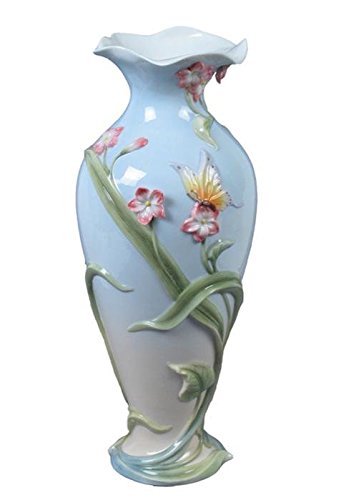 13.75 Inch Tall Porcelain Vase with Freesia Butterfly Design - Elegant Home Decor for Living Room, Dining Table, Wedding Centerpiece & Gift Idea