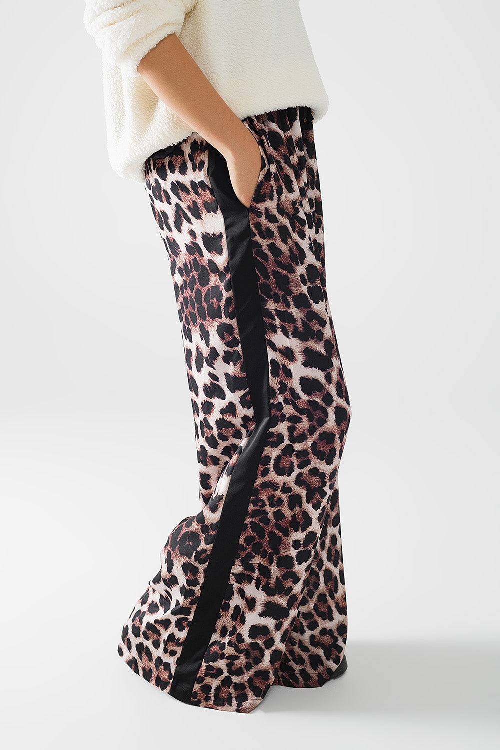 Leopard Print Wide Leg Pants with Satin Side Stripes - Stylish & Comfortable Women's Fashion for Casual Wear, Office & Night Out
