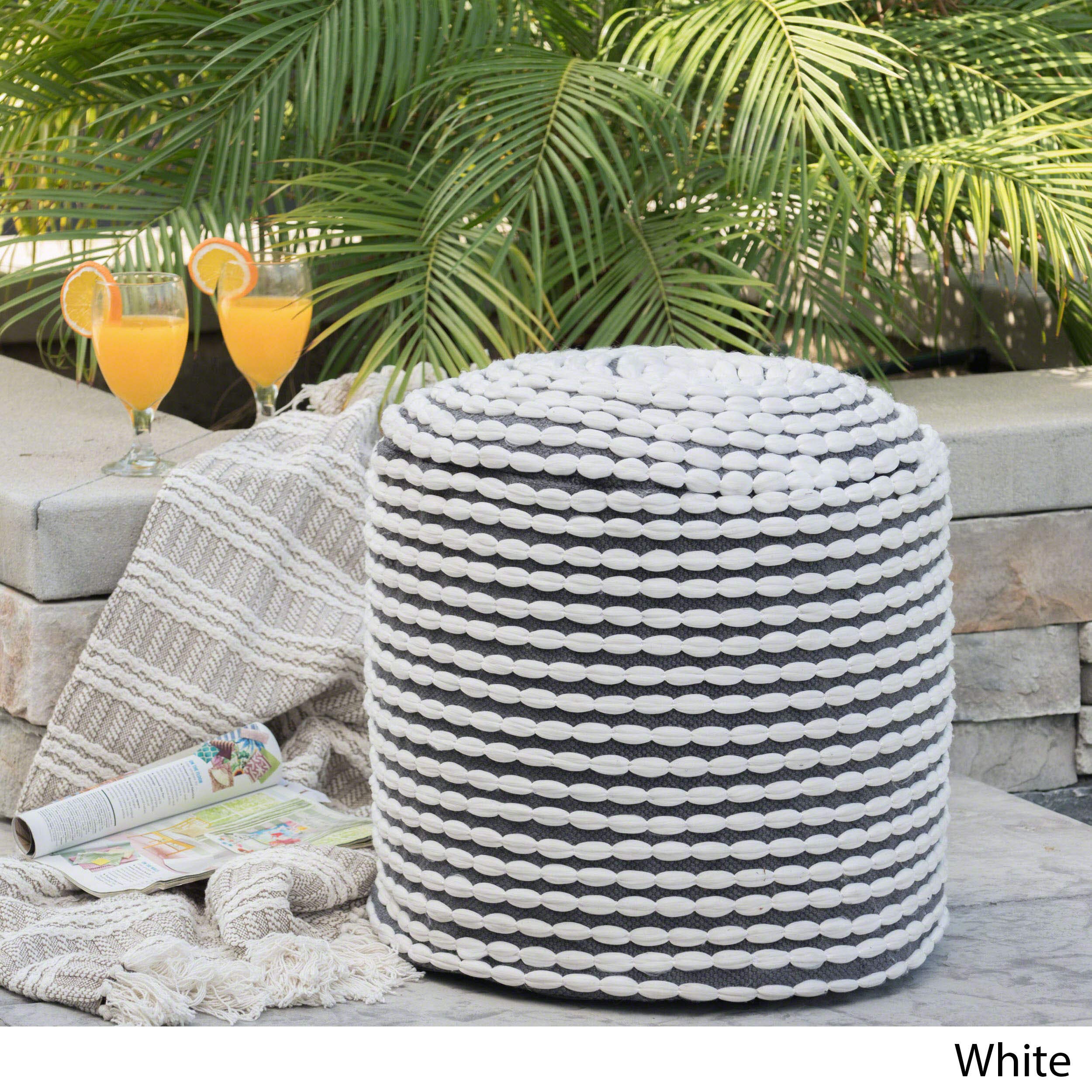 GDFStudio Handcrafted Modern Water-Resistant Fabric Cylinder Pouf Ottoman - Versatile Foot Stool, Bean Bag Floor Chair & Couch Footrest for Living Room, Bedroom, Patio - White | Perfect for Relaxing, Reading & Extra Seating