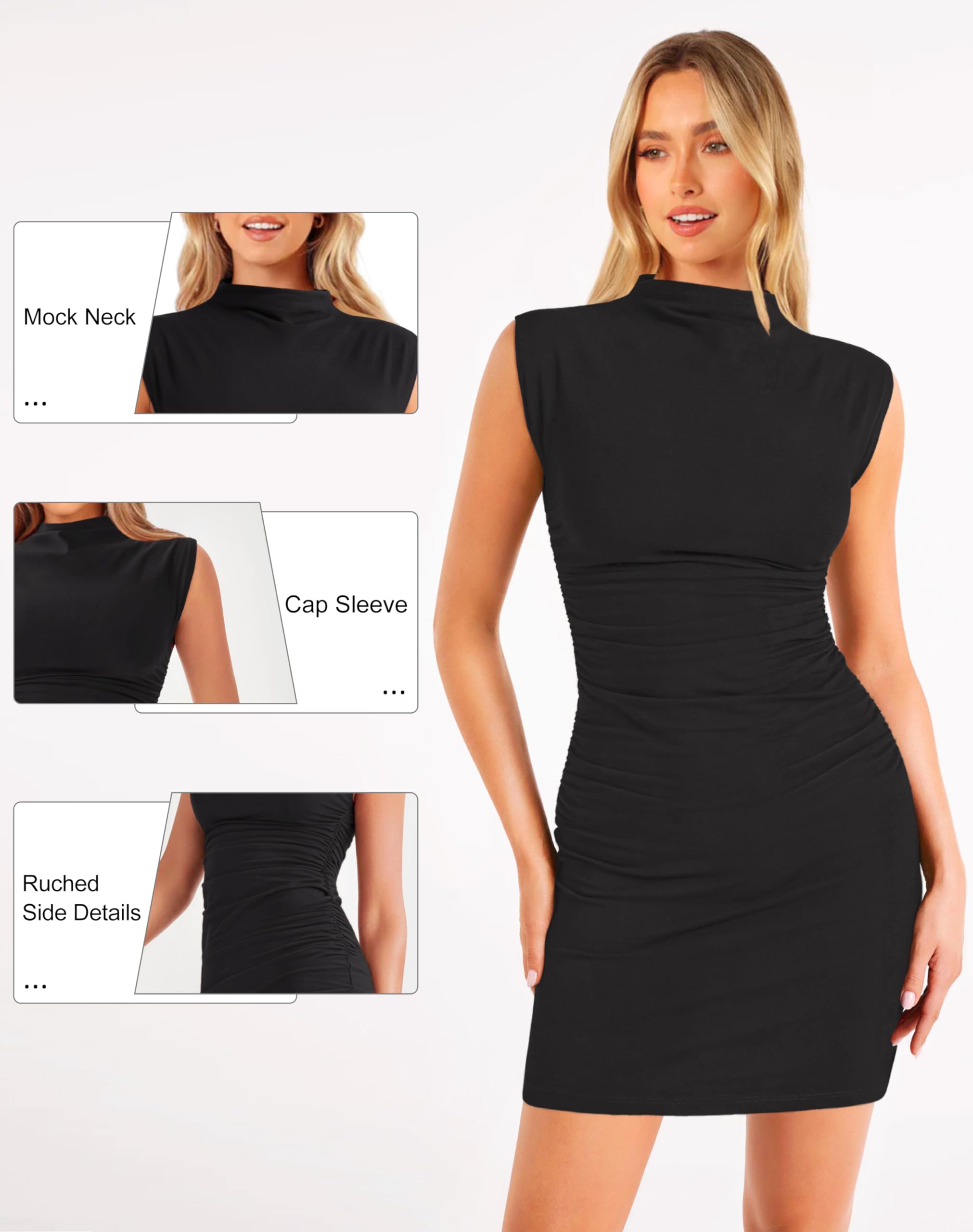 Ellakoko Women's 2025 Summer Mini Bodycon Dress - Ruched Mock Neck Sleeveless Cocktail Dress for Wedding Guest, Work, Party & Formal Occasions | Perfect for Office, Date Night & Special Events