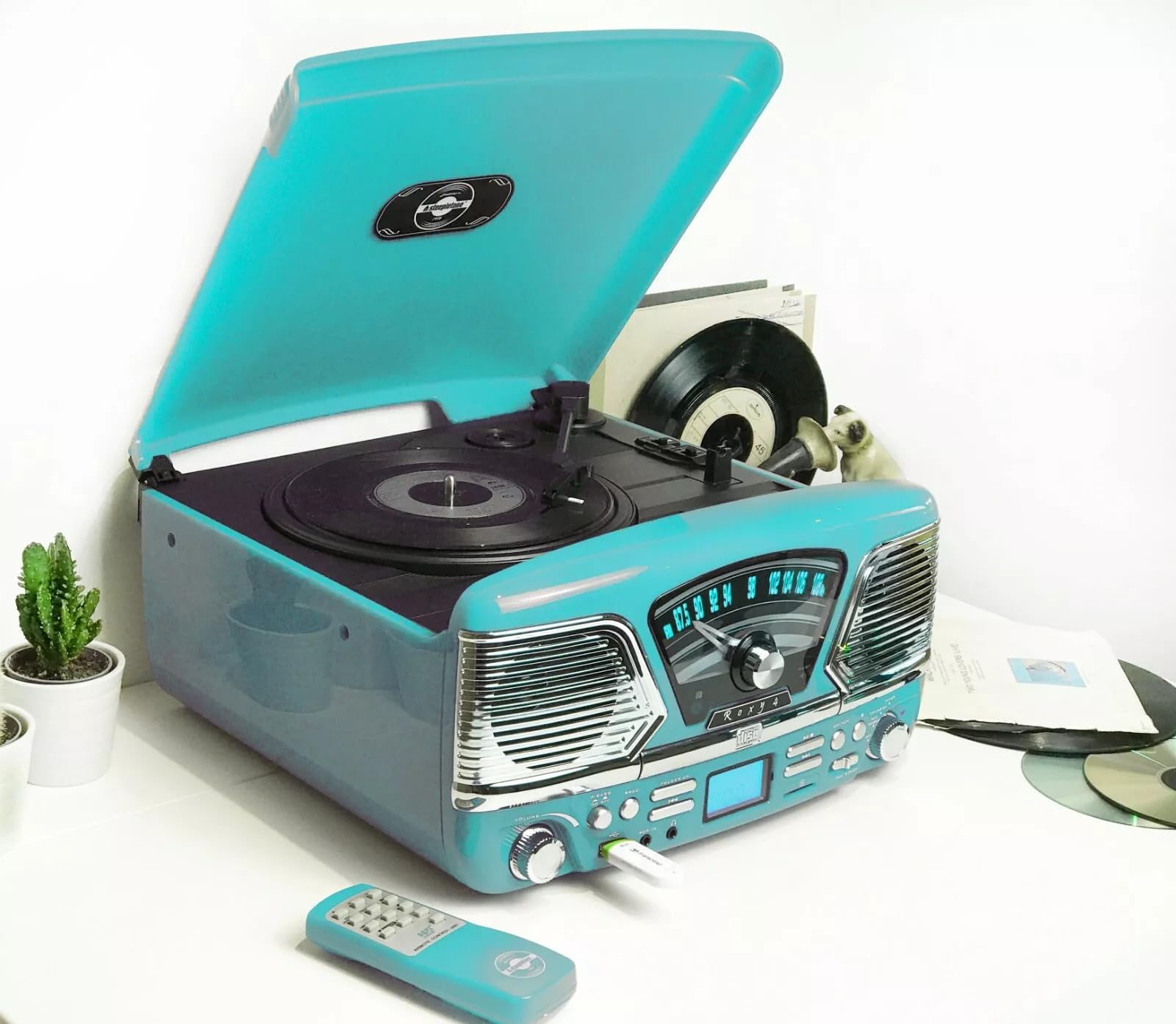 ROXY 4 Baby Blue Vintage Vinyl Record Player - Portable Turntable with Built-in Speakers for Home & Office Use | Perfect for Music Lovers & Retro Decor