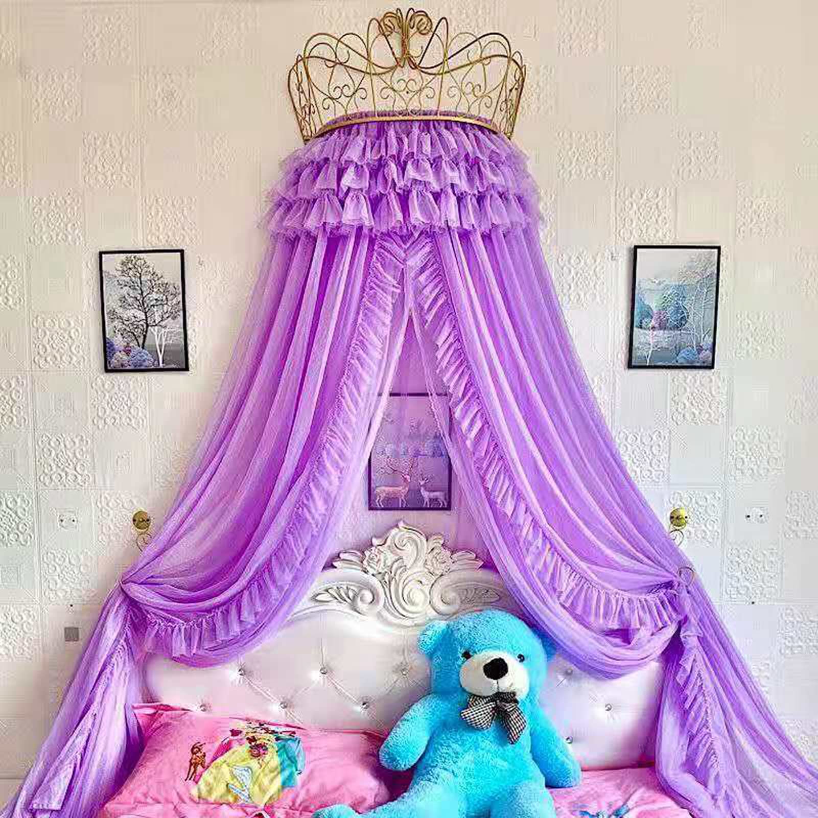Golden Crown Lace Princess Bed Canopy with Lights - Romantic Double Layer Decorative Bed Curtain for Girls Bedroom (Purple, 1.8/2m/6/6.6ft) - Perfect for Birthday Gifts, Kids Room Decor & Fairy Tale Themed Bedrooms