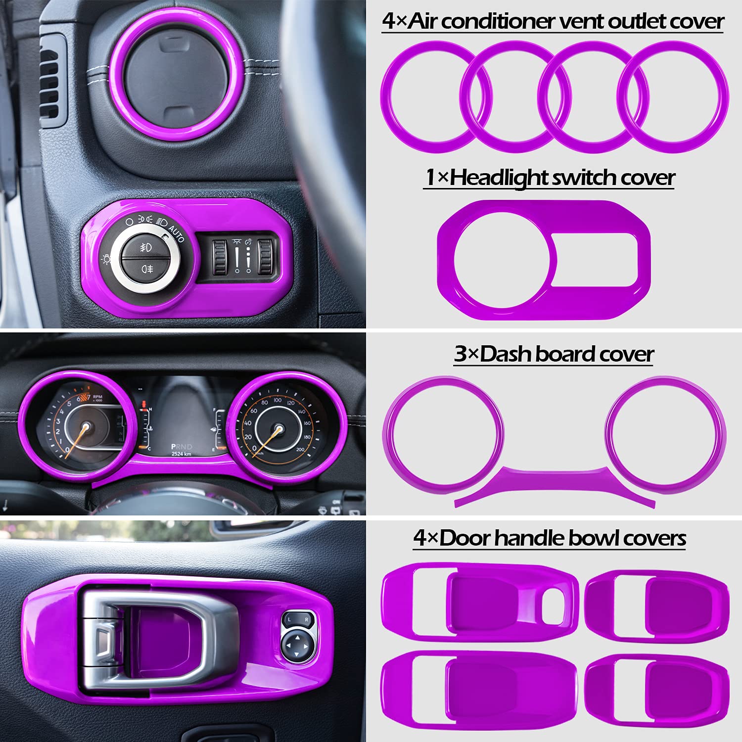 21PCS Full Interior Trim Kit for Jeep Wrangler JL JLU 2018-2023 & Gladiator JT - AC Vent, Door Handle, Speaker, Light & Headlight Switch Covers (Purple) | Premium Car Interior Accessories for Off-Road & Daily Driving