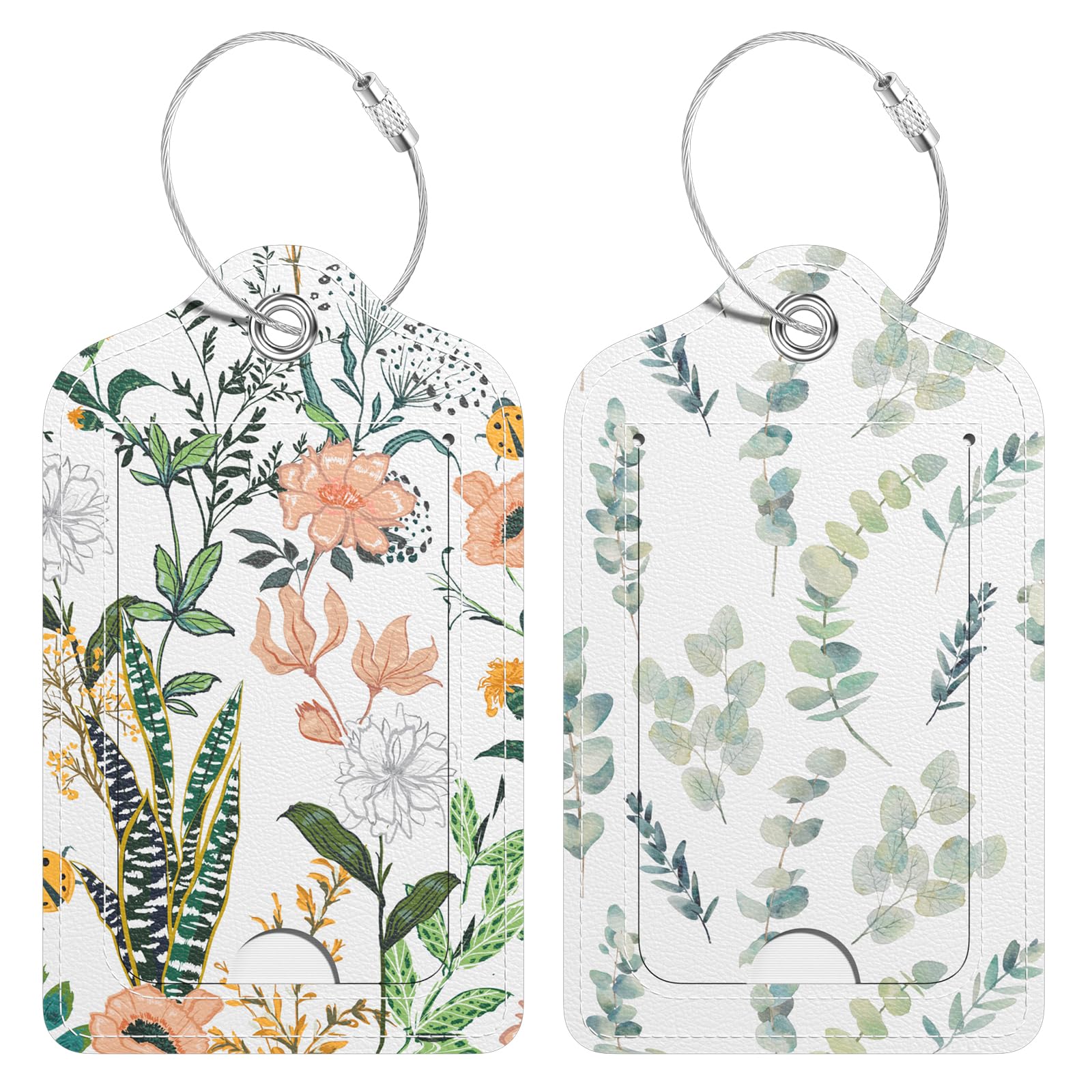 2 Pack PU Leather Luggage Tags for Suitcases - Cruise Travel ID Tags with Privacy Flap, Name Label & Metal Loop - Durable Bag Tags for Women Men, Backpacks, Handbags & School Bags (Floral Leaf Design) - Perfect for Air Travel, Cruise Vacations & Business Trips