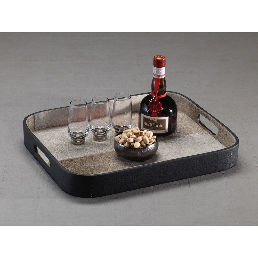 Aman 17 Inch Long Black Leather Serving Tray with Luxurious Fur Coating - Perfect for Coffee Table Decor, Breakfast in Bed, and Elegant Home Entertaining