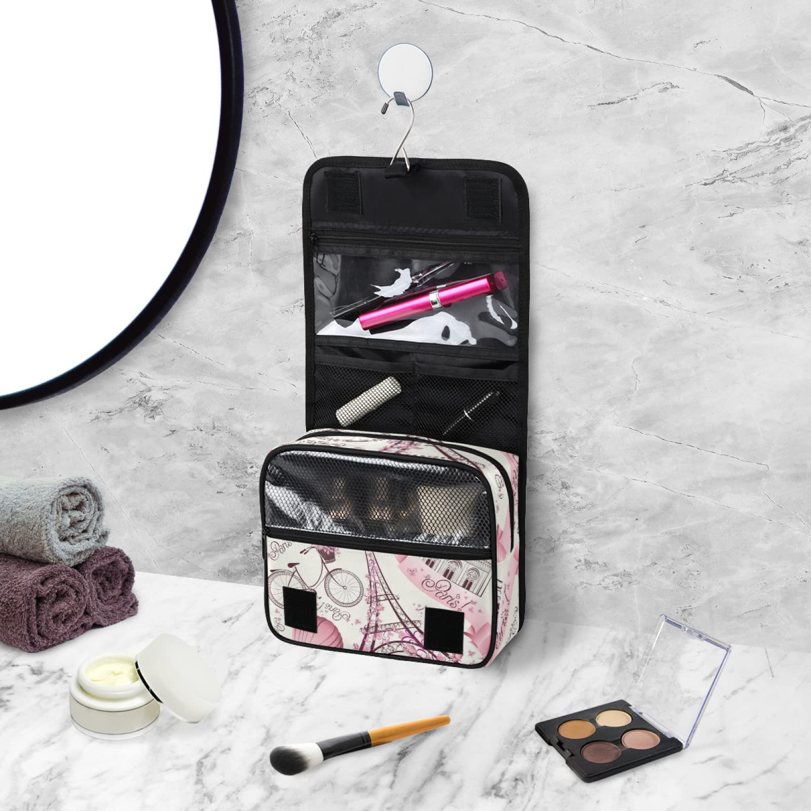 Paris Eiffel Tower Hanging Toiletry Bag for Women & Men - Floral Flower Cosmetic Makeup Organizer - Perfect for Travel, Gym, Camping & Weekend Getaways