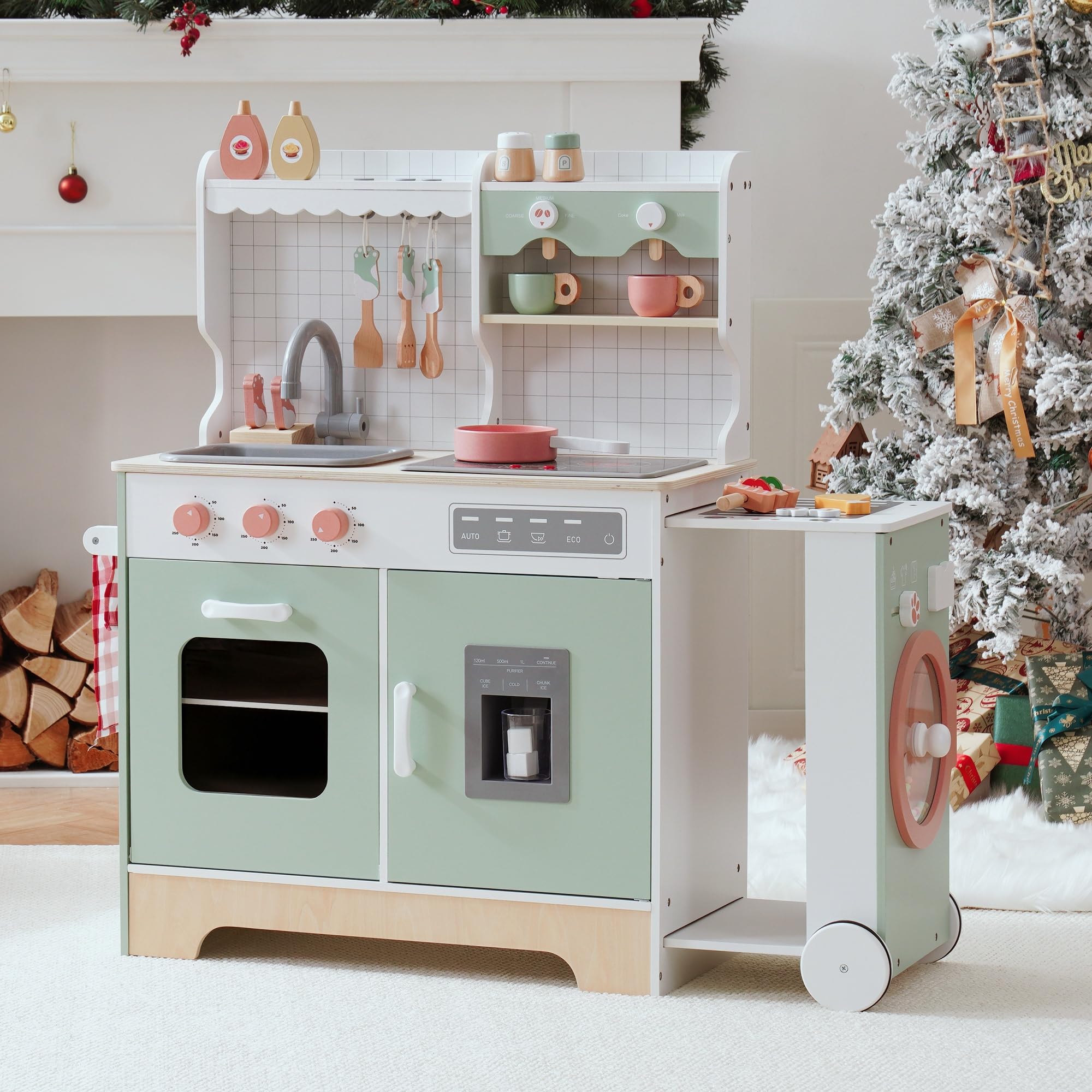 ROBOTIME Wooden Play Kitchen Set for Kids & Toddlers - Pretend Play Kitchen with Ice Maker, BBQ, Lights & Sounds - Educational Toy for Ages 3+ - Perfect Gift for Boys & Girls - Birthday, Christmas & Indoor Playtime Fun