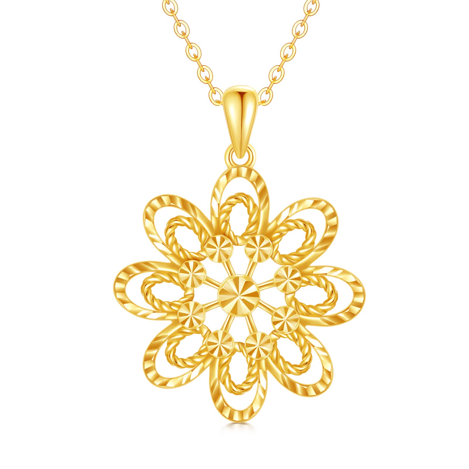 14K Real Gold Flower Pendant Necklace for Women - Yellow Gold Daisy Necklace with Diamond-Cut Details | Elegant Anniversary & Birthday Gift for Mom, Wife, Daughter | 16