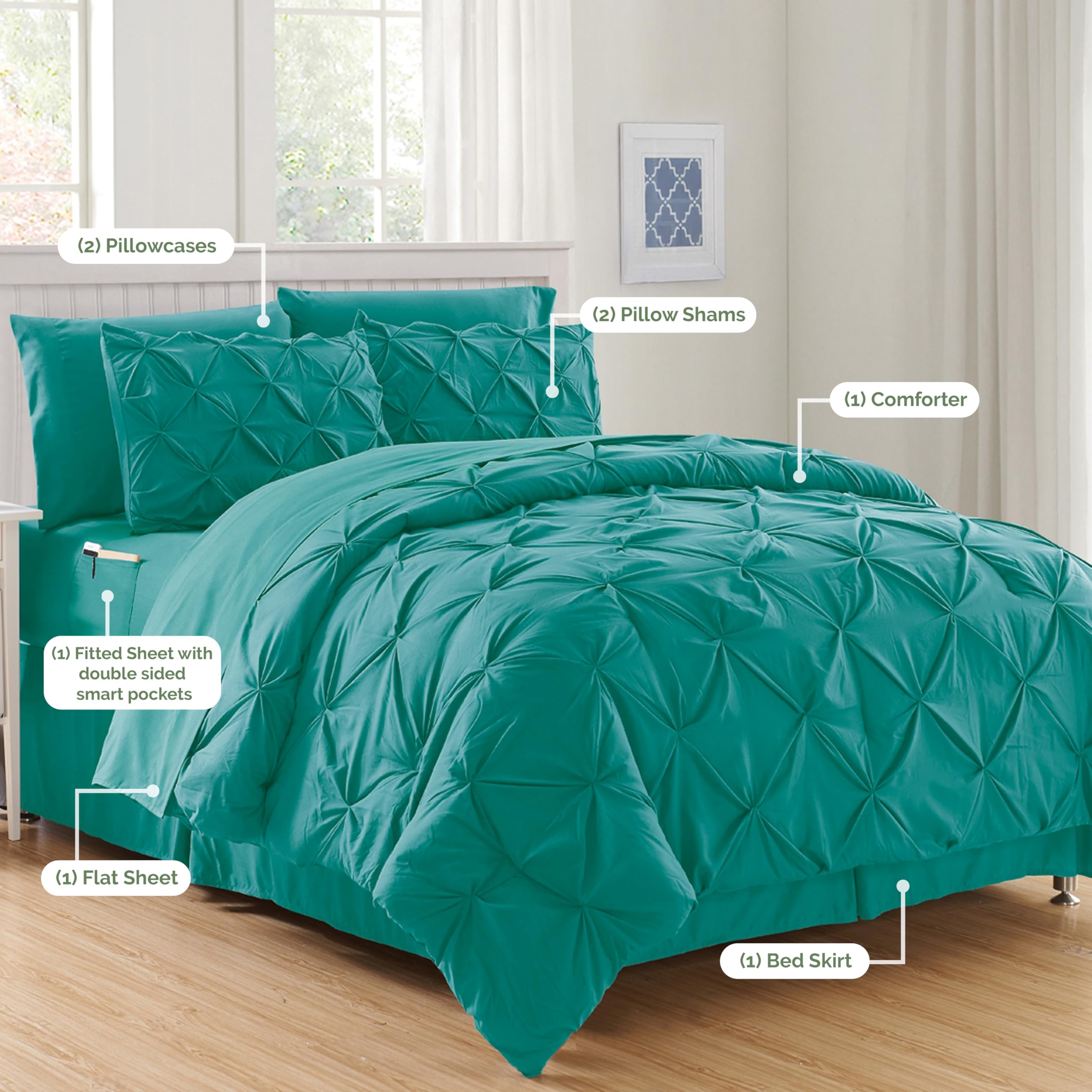 Luxury 6-Piece Comforter Set - Ultra Soft Bed in a Bag with Silky Sheets & Double-Sided Storage Pockets - Twin/Twin XL Size - Turquoise Blue - Perfect for Guest Rooms, Dorms & Cozy Bedrooms