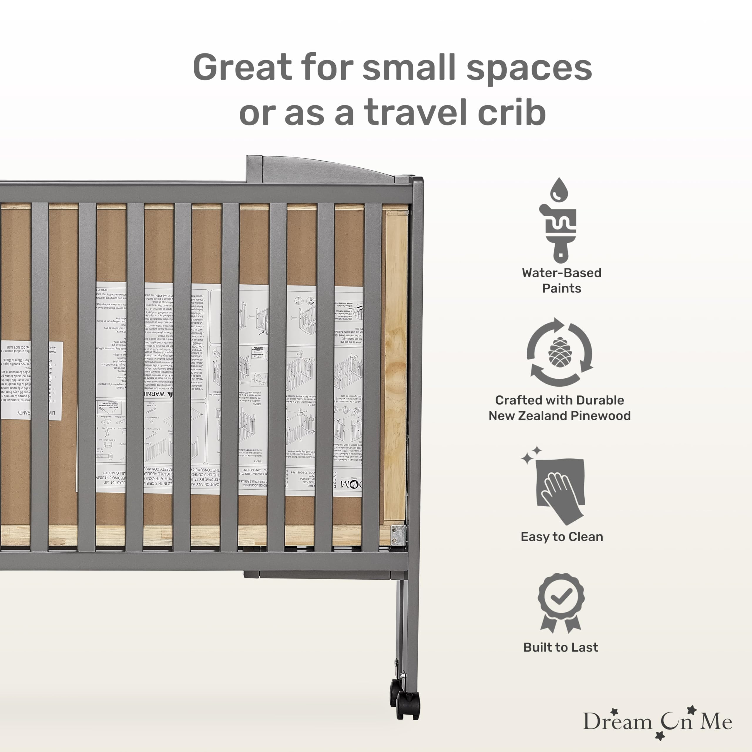 Dream On Me Full Size 2-in-1 Folding Stationary Baby Crib with Locking Wheels & Teething Guard - Steel Grey, Non-Toxic Finish, Space-Saving Foldable Design for Nursery or Travel Use