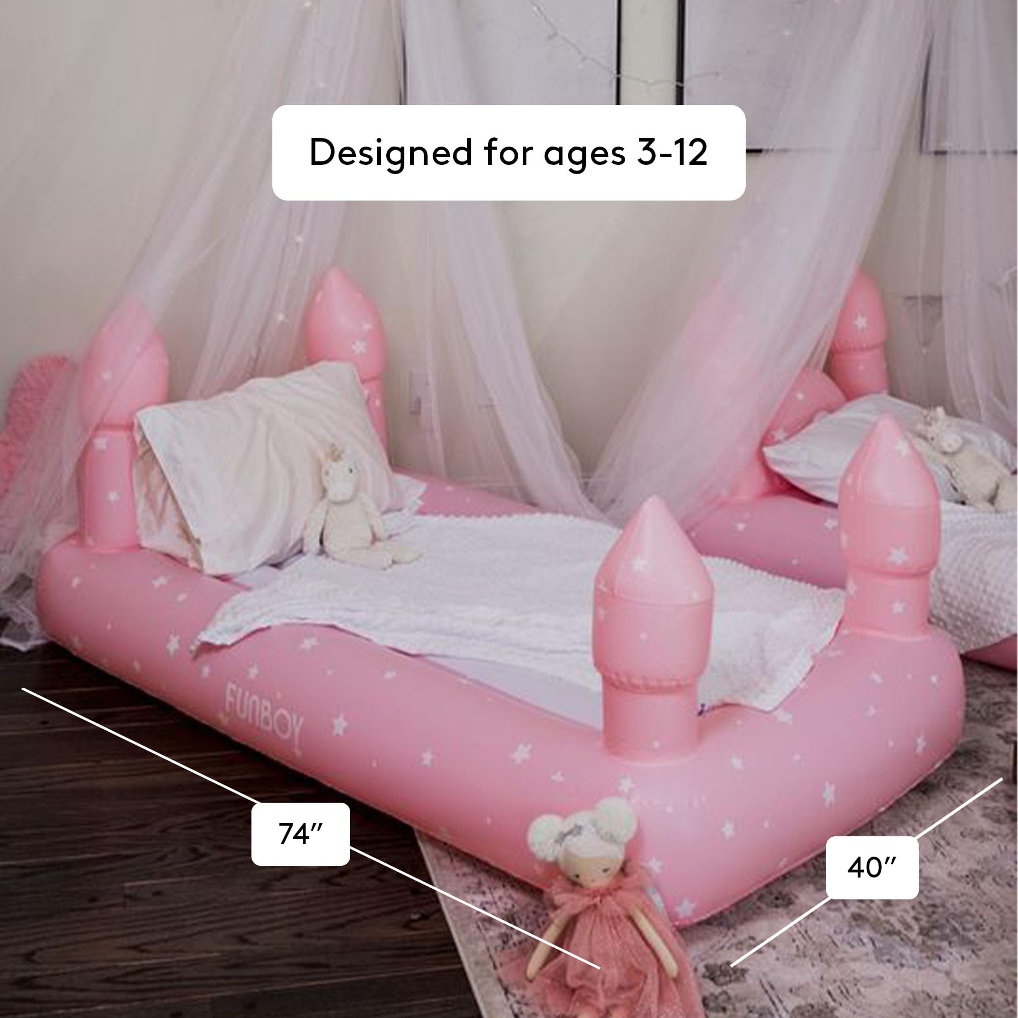 Funboy Kids Pink Castle Inflatable Travel Bed with Air Mattress - Portable Sleepover Bed for Girls, Includes Carry Bag - Perfect for Slumber Parties, Camping & Indoor Play (Twin Size)