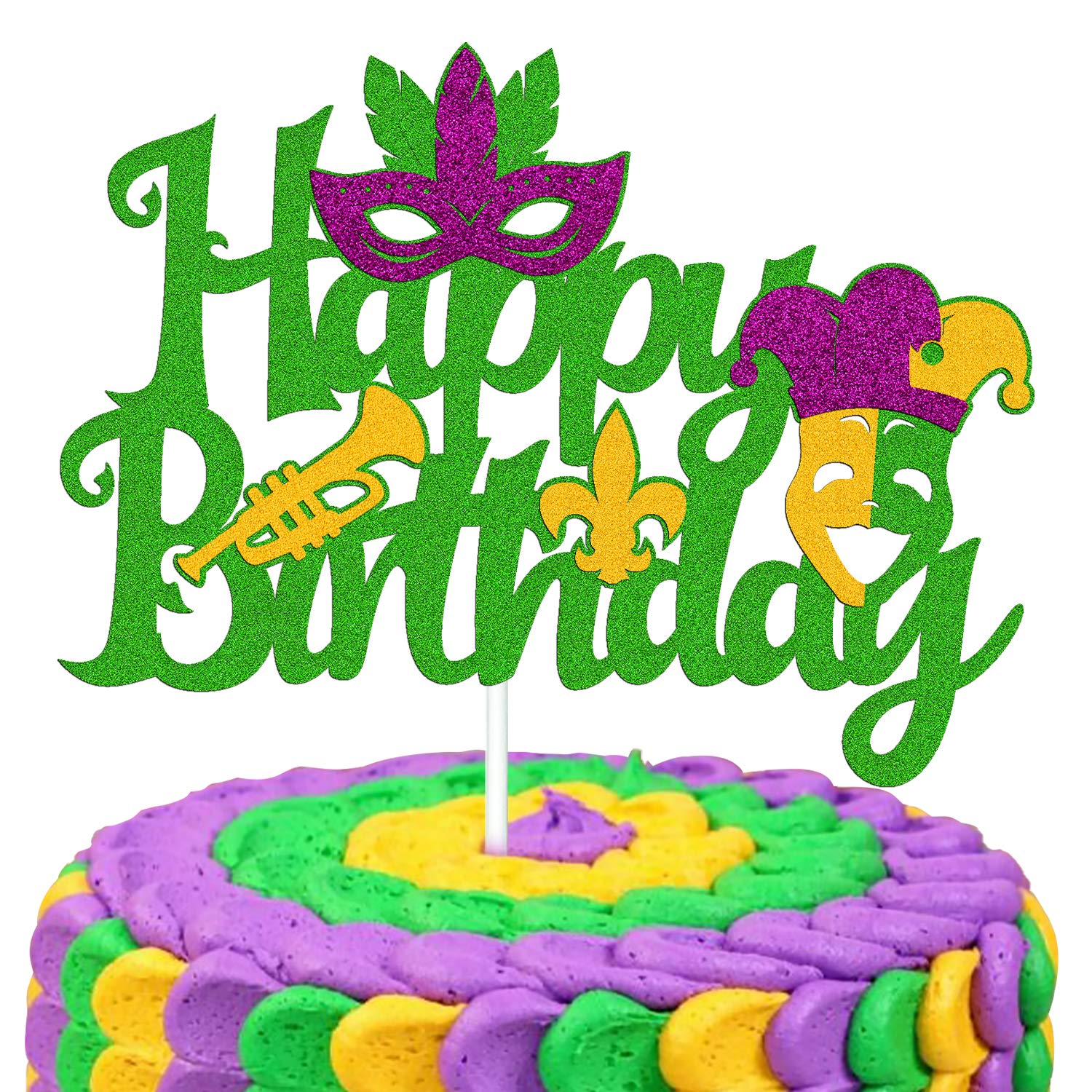 **Mardi Gras Birthday Cake Topper - Glitter Green Carnival Masquerade Costume Decorations for Fat Tuesday Theme Parties | Perfect for Women, Men, Kids, Boys, Girls, First Birthdays & Baby Showers | Great for Themed Celebrations & Festive Gatherings**