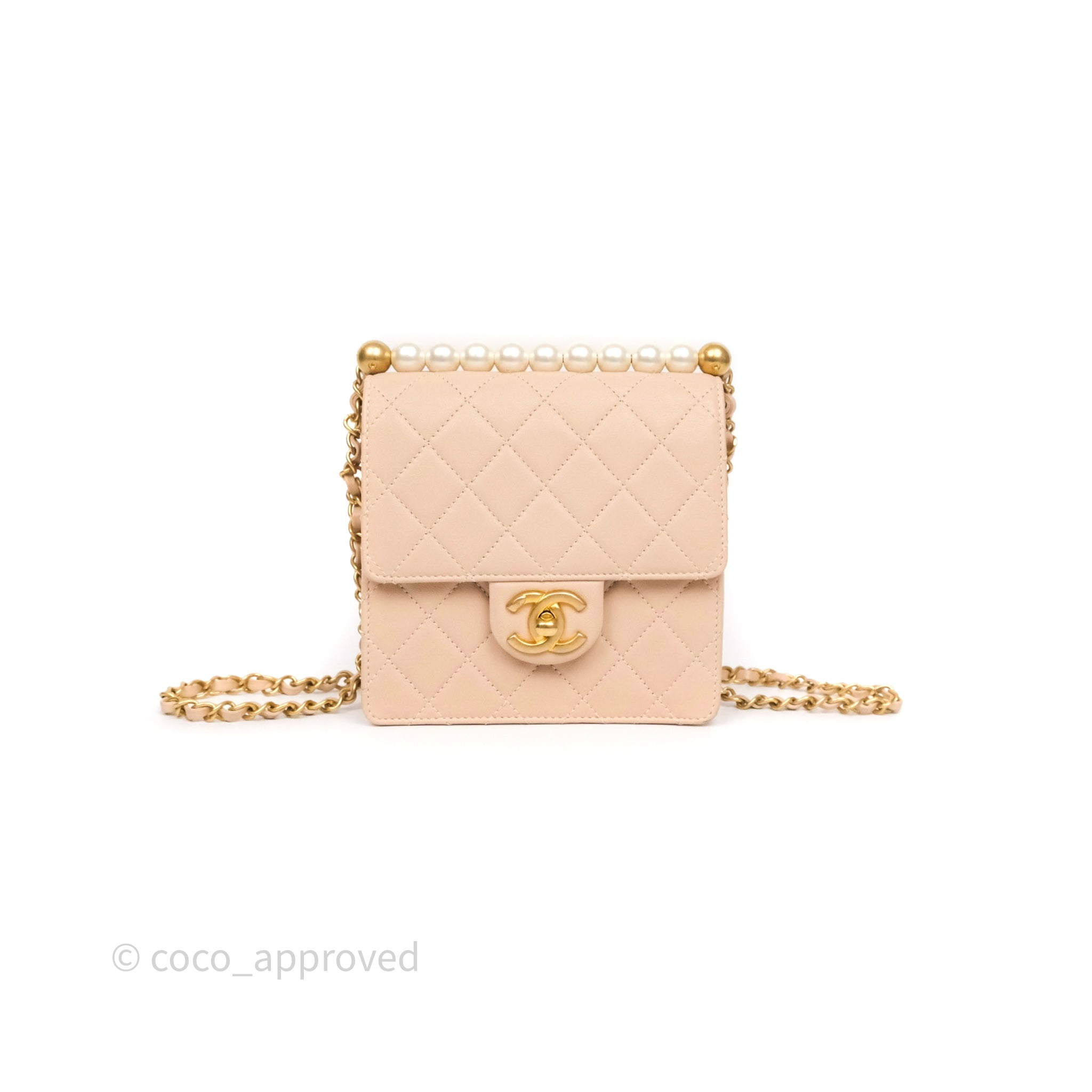 Chanel Classic Flap Bag Quilted Beige Pink Goatskin Leather with Pearl & Aged Gold Hardware - Luxury Crossbody Purse for Women, Perfect for Date Night & Special Occasions