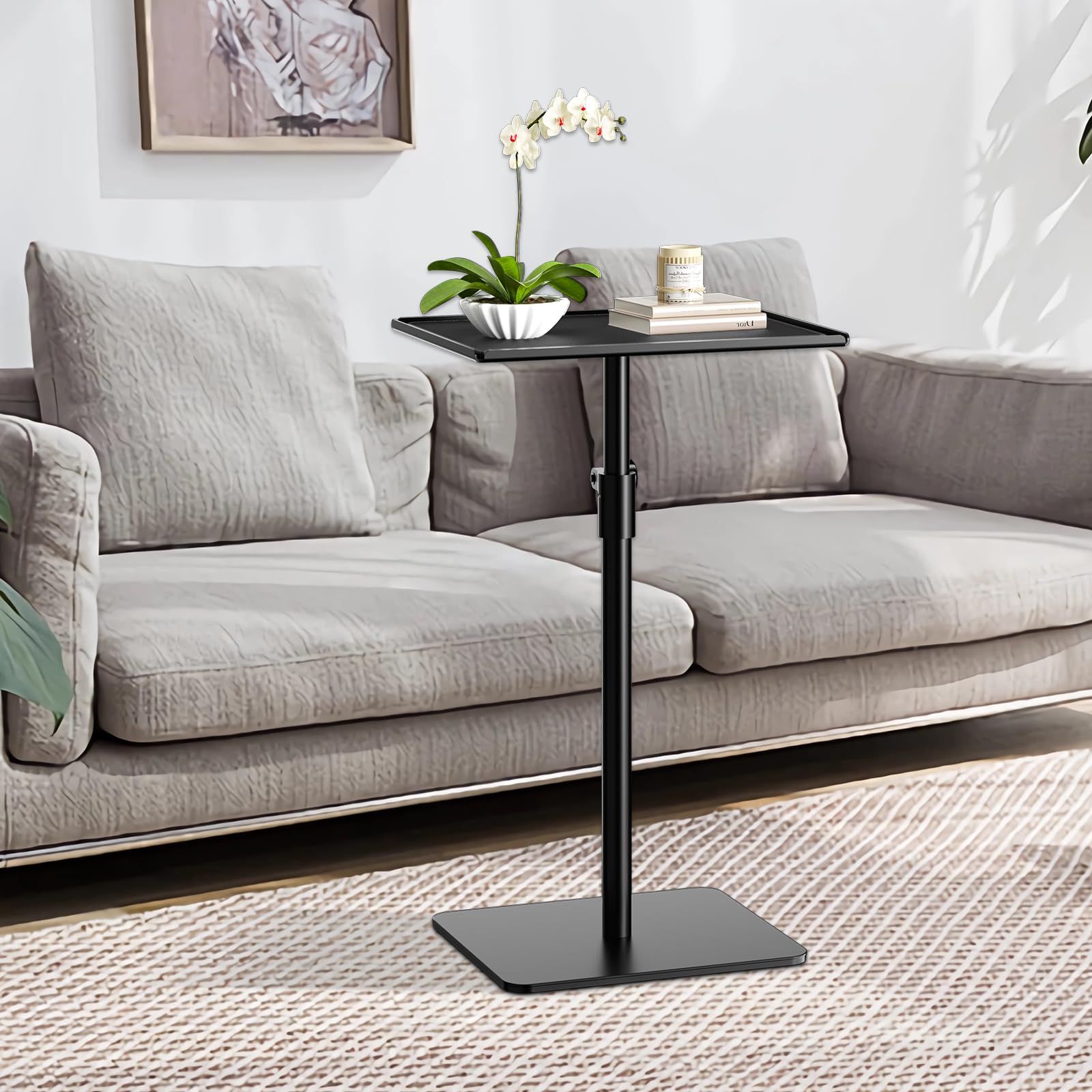 Adjustable Height Metal End Table - Matte Black Square Side Table for Living Room, Bedroom & Outdoor Use | Small Space Sofa Table with Tray for Drinks, Coffee & Decor | Ideal for Apartments, Patios & Compact Spaces