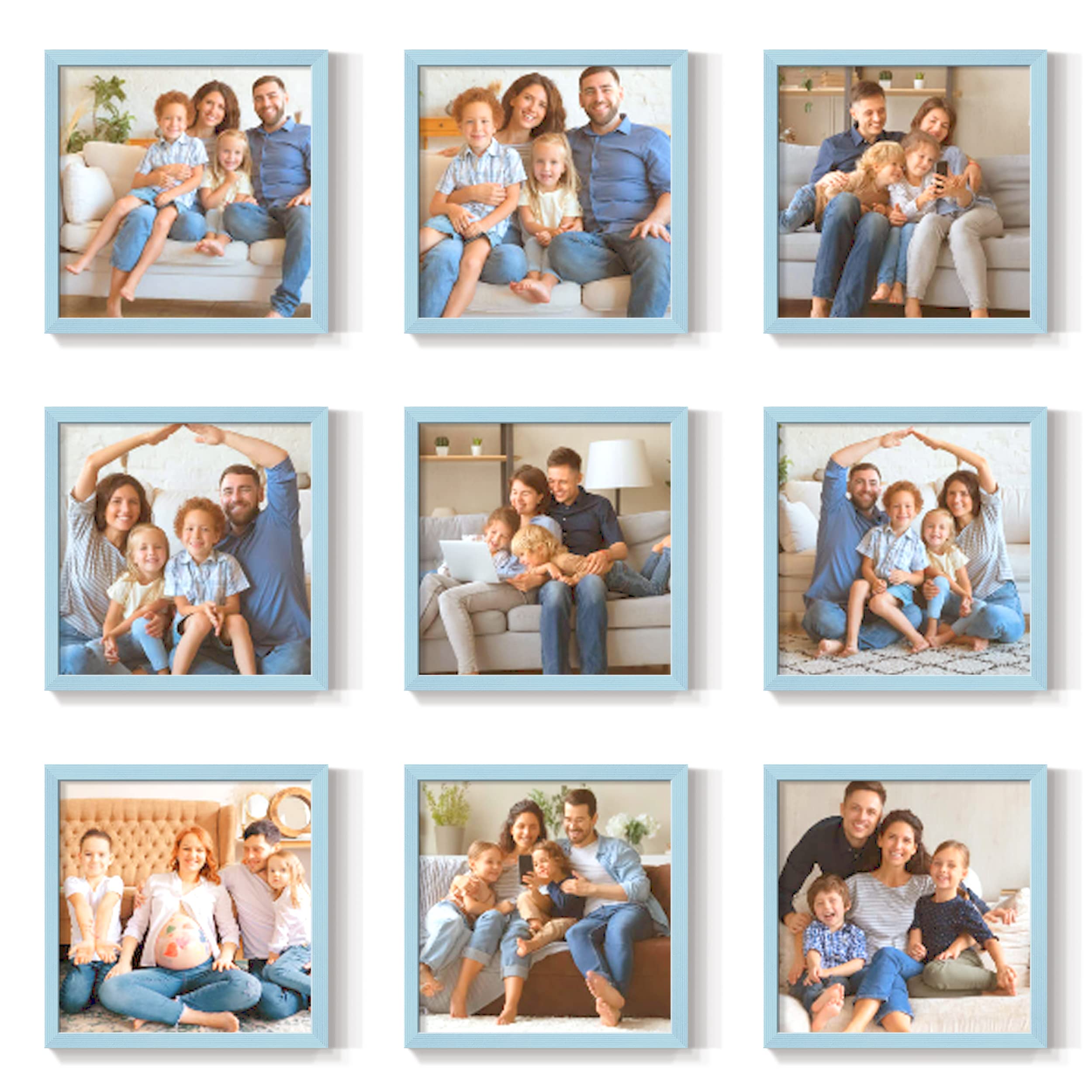 Custom 8x8 Photo Prints Set of 9 with Wood Frames - Blue Peel & Stick Collage for Home Decor
