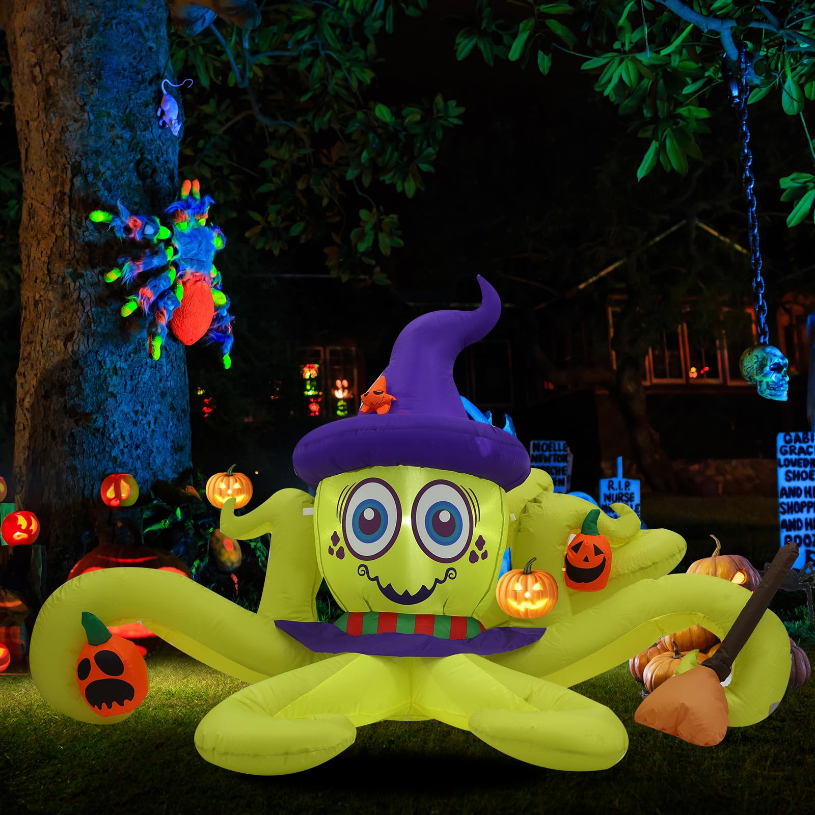 6ft Green Witch Octopus Halloween Inflatable Outdoor Decoration with LED Lights - Spooky Yard, Lawn & Garden Decor for Halloween Party, Haunted House, Trick or Treat, Family Vacation & Holiday Celebrations