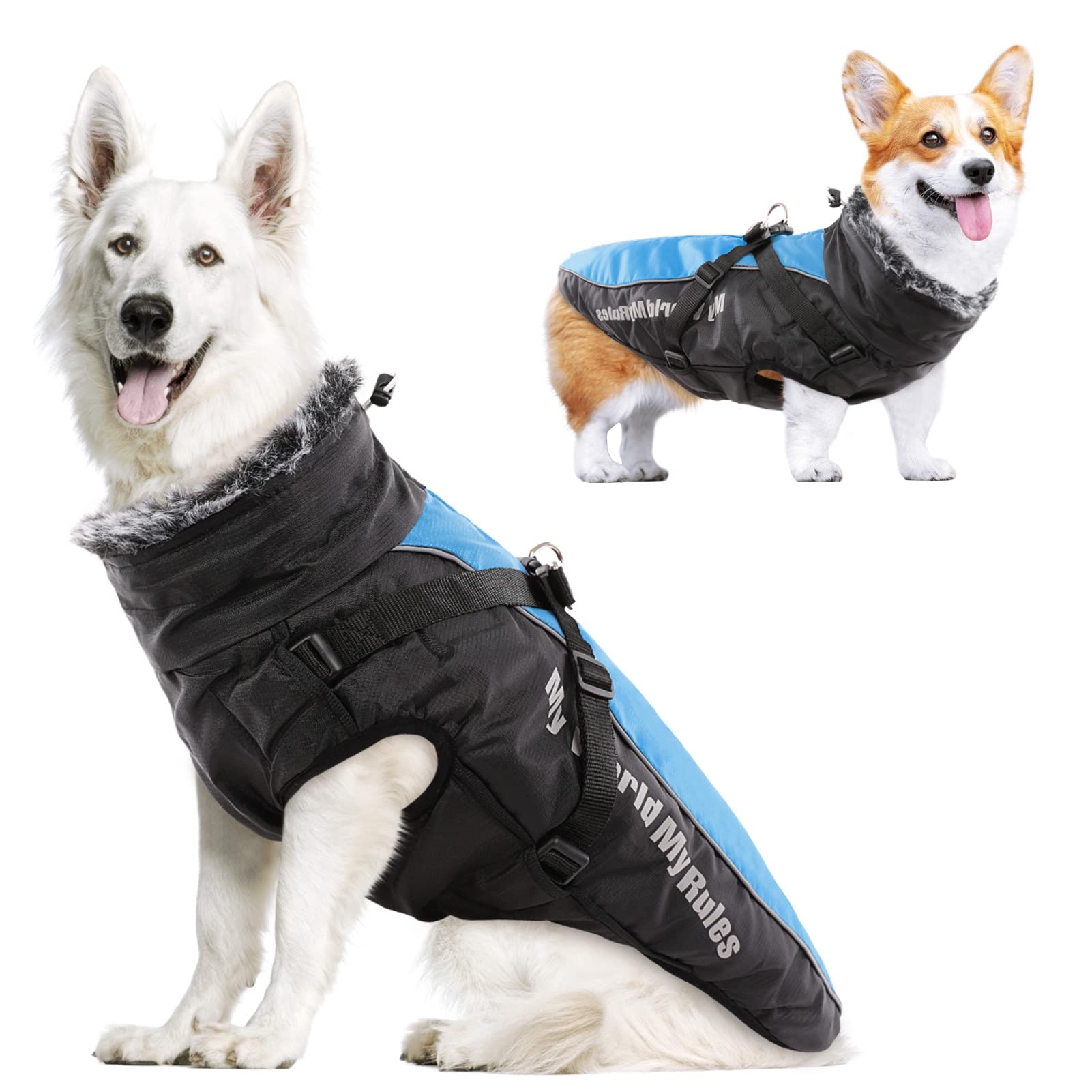 MORVIGIVE Reflective Waterproof Windproof Winter Dog Jacket with Harness & Furry Collar - Thick Cotton Padded Warm Vest for Medium Large Dogs - Ideal for Outdoor Walking, Hiking, and Cold Weather Protection