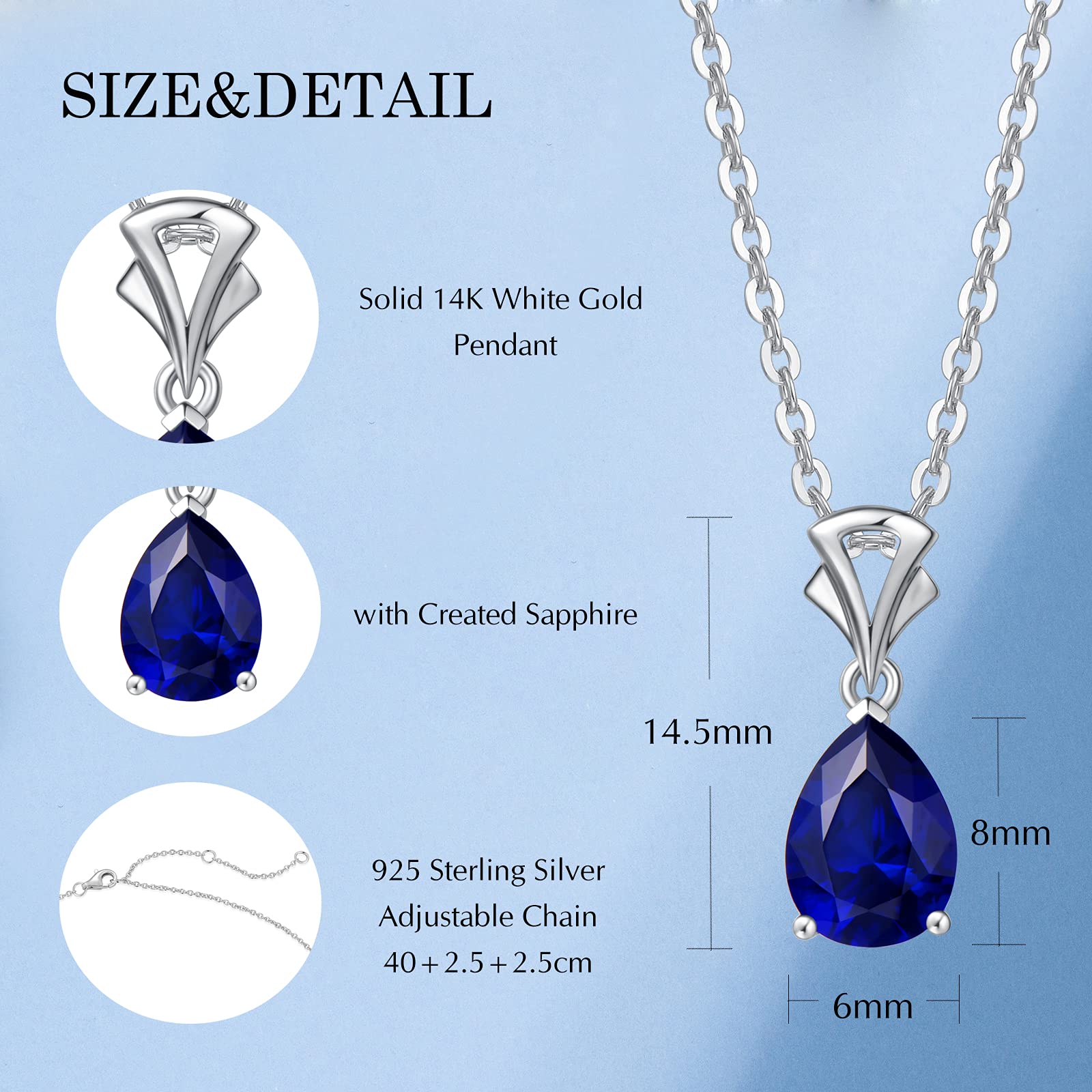 14K Solid White Gold Teardrop Birthstone Pendant Necklace for Women - Personalized Birthday Gift for Mom, Wife, Daughter - Sterling Silver Chain 16