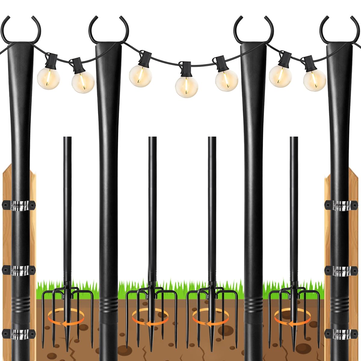 4 Pack 10ft Heavy-Duty Metal Outdoor String Light Poles with Fork - Adjustable Lighting Stand for Patio, Backyard, Pergola, Garden, Deck & Camping Parties | Weather-Resistant for Year-Round Use