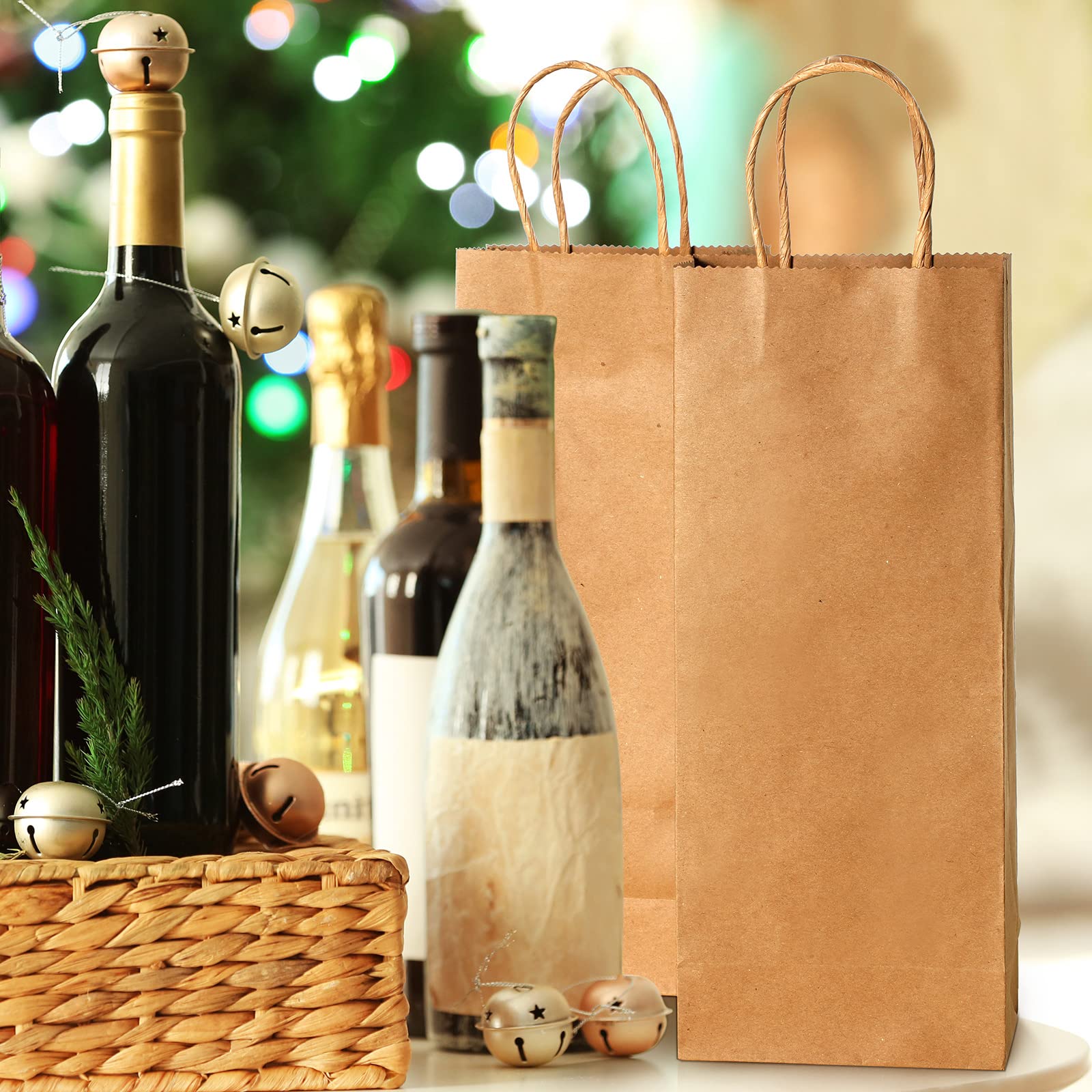 Eco-Friendly Kraft Brown Wine Gift Bags with Handles - 13 x 5.3 x 3.3 Inch Bulk 100-Pack - Perfect for Wine Bottle Wrapping, Party Favors & Small Business Gift Packaging