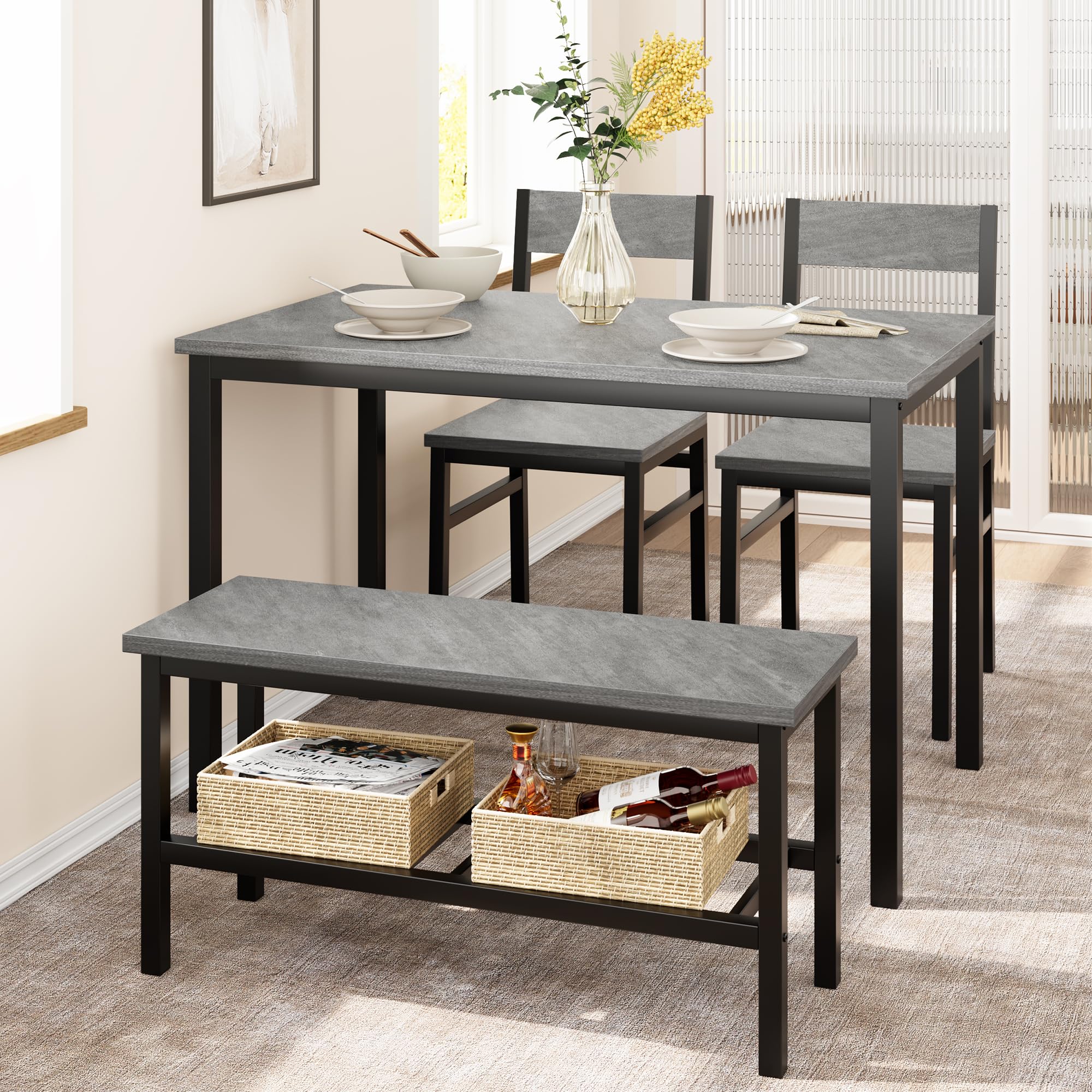 IDEALHOUSE 4-Piece Dining Table Set with 2 Chairs & Storage Bench - Space-Saving Kitchen Table for Small Apartments, Breakfast Nook & Compact Homes (Gray) | Perfect for Family Meals, Entertaining Guests & Cozy Dining Spaces