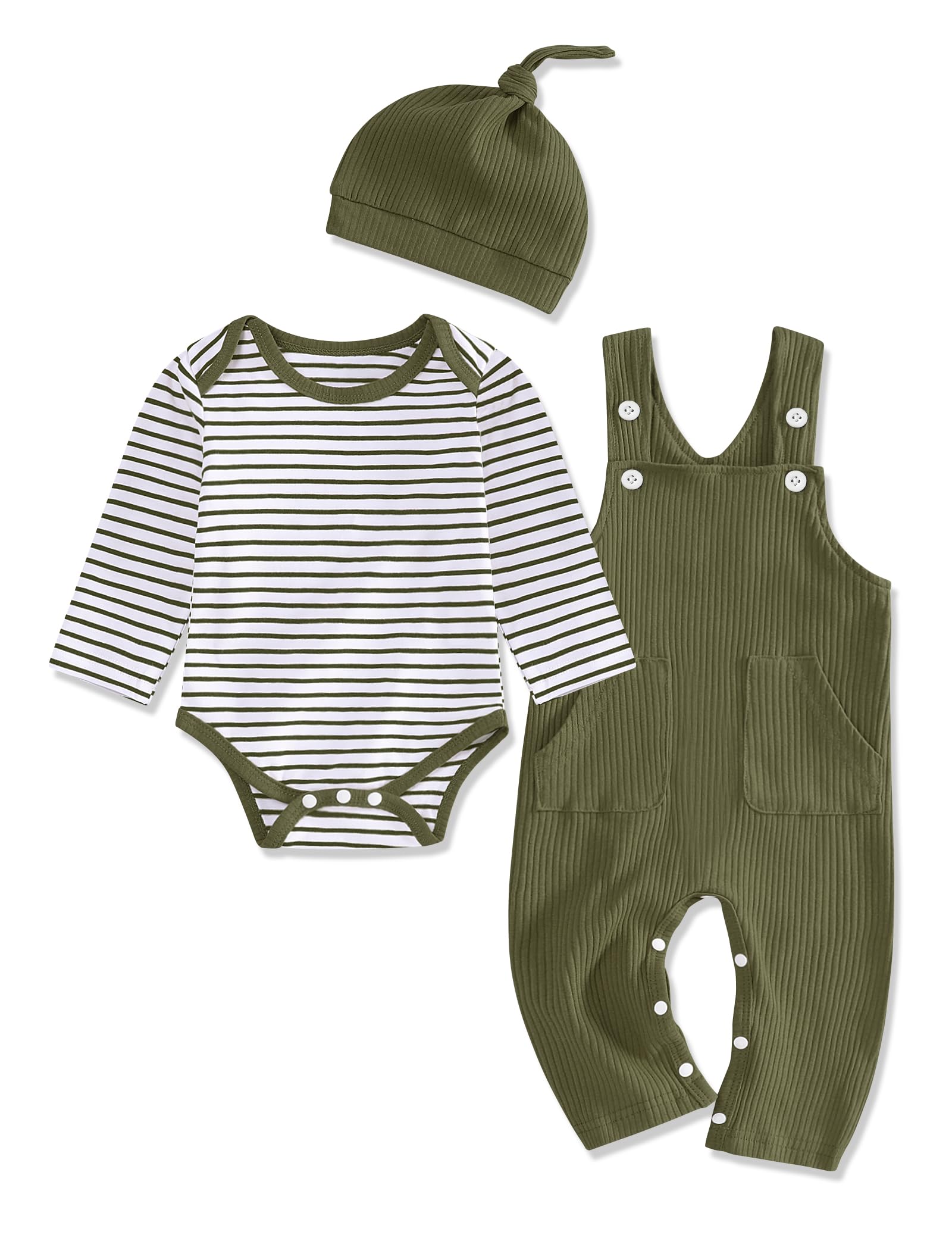 Adorable 0-18 Months Baby Boy Outfits - Striped Romper Top & Overalls Set with Matching Hat | Soft Cotton Infant Clothes for Playtime, Photo Shoots & Special Occasions